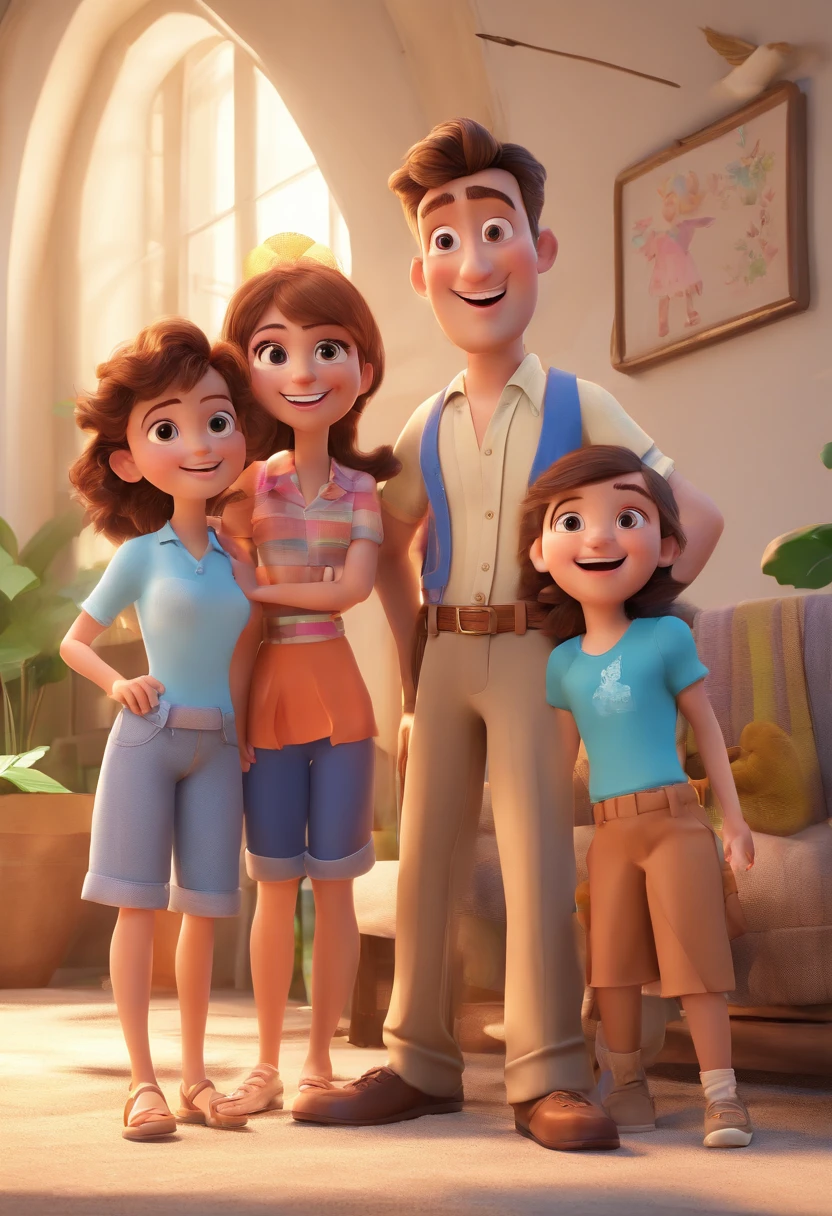Cartoon of family having fun on vacation together, 3D Animation Movie Poster, Poster de filme animado, pixar 3 d animation style, pixar renderman rendering, maia 8 mil, animated film, Disney Pixar Estilo 3D, Happy family hang out together, all wearing light blue shirts and cream brown long pants, camisa azul clara, cream brown pants, ao ar livre, vacation, Disney Pixar Animation Poster
