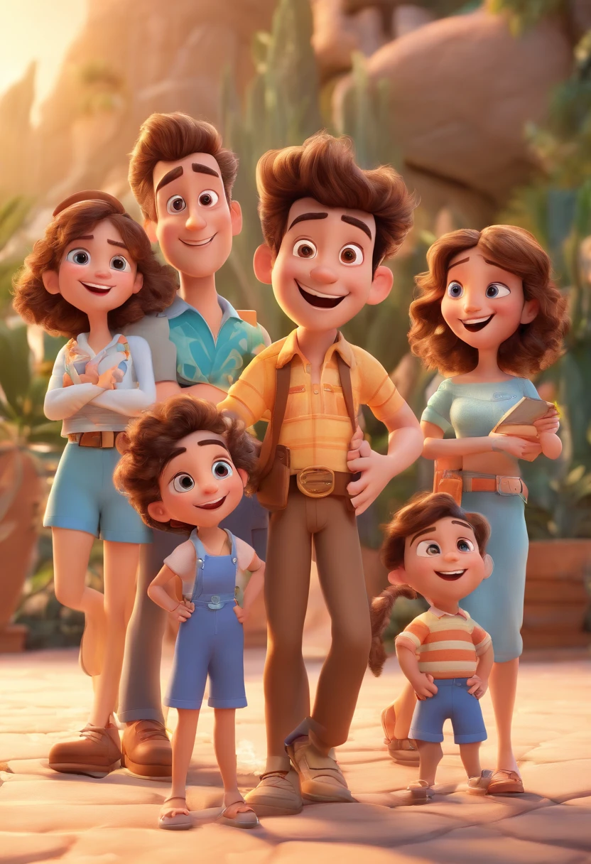 Cartoon of family having fun on vacation together, 3D Animation Movie Poster, Poster de filme animado, pixar 3 d animation style, pixar renderman rendering, maia 8 mil, animated film, Disney Pixar Estilo 3D, Happy family hang out together, all wearing light blue shirts and cream brown long pants, camisa azul clara, cream brown pants, ao ar livre, vacation, Disney Pixar Animation Poster