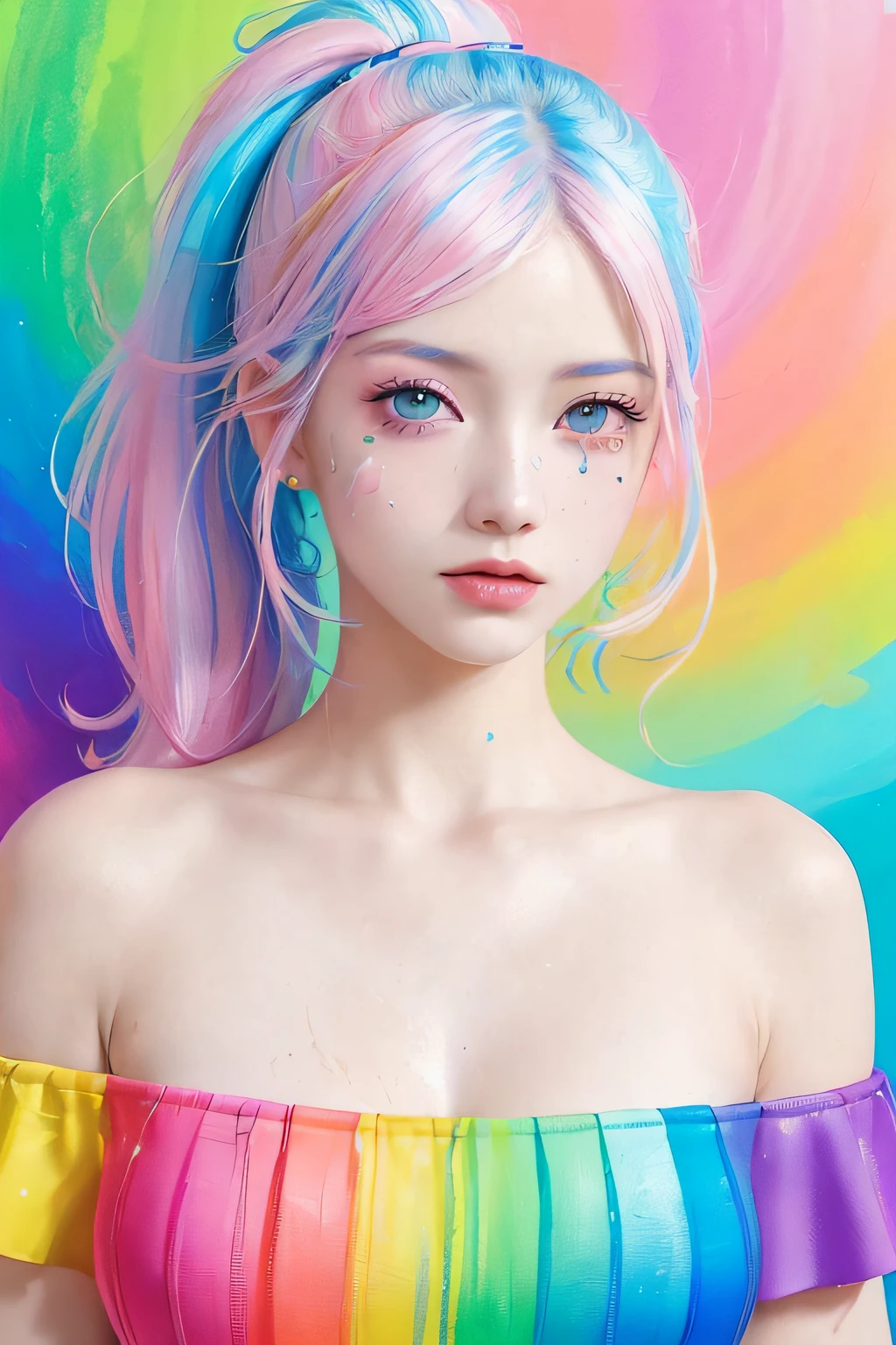 (Pink Fashion T-shirt:1.9),(Colorful hair: 1.8), (all the colours of the rainbow: 1.8),(((((vertical painting:1.6))), (painting:1.6),front, comics, illustrations, paintings, large eyes, crystal clear eyes,( rainbow color gradient high ponytail:1.7), exquisite makeup, closed mouth,(Small Fresh: 1.5),(Wipe Chest: 1.6) ,long eyelashes, white off shoulder T-shirt, White Shoulder Shirt,looking at the audience, large watery eyes, (rainbow colored hair:1.6), color splash, (solo:1.8), color splash, color explosion, thick paint style, messy lines, ((shining)),(colorful), (colorful), (colorful), colorful, Thick Paint Style, (Splash) (Color Splash), Vertical Painting, Upper Body, Paint Splash, Acrylic Pigment, Gradient, Paint, Highest Image Quality, Highest Quality, Masterpiece, Solo, Depth of Field, Face Paint, colorful clothes, (Elegant: 1.2), gorgeous,long hair, wind, (Elegant: 1.3), (Petals: 1.4),(((masterpiece))),(((best quality))),((ultra-detailed)),(illustration),(dynamic angle),((floating)),(paint),((disheveled hair)),(solo),(1girl) , (((detailed anima face))),((beautiful detailed face)),collar,bare shoulders,white hair, ((colorful hair)),((streaked hair)),beautiful detailed eyes,(Gradient color eyes),(((colorful eyes))),(((colorful background))),(((high saturation))),(((surrounded by colorful splashes))),