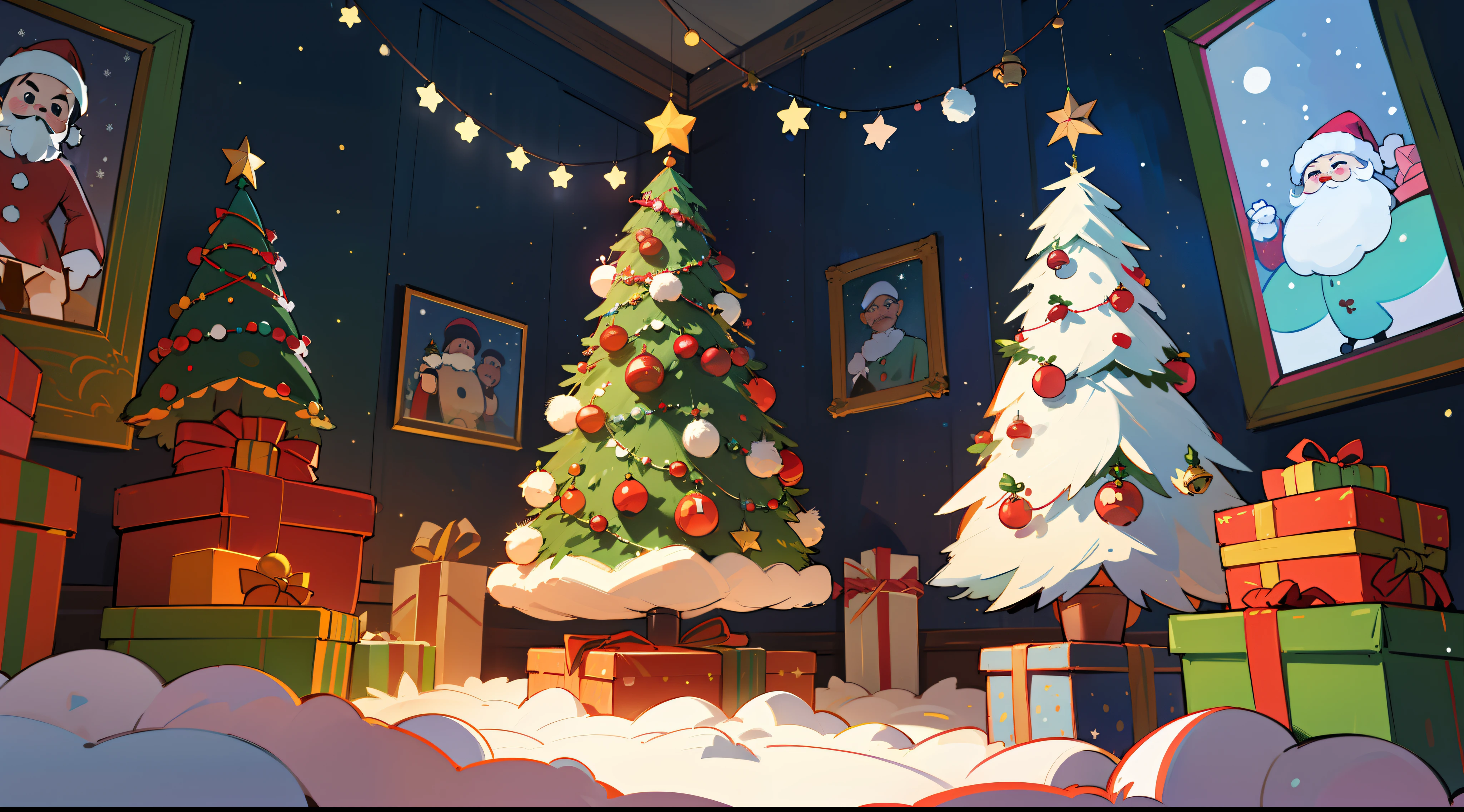 best qualtiy,16k,8K,True exposure,Ray traching,Excellent image quality,Christmas poster,Childlike,Christmas atmosphere,A real Christmas tree,pompon,bell,Luminous colored light bar,inside in room,Chilling,Santa Claus hat,Christmas decorations are hung on the wall,snowflower