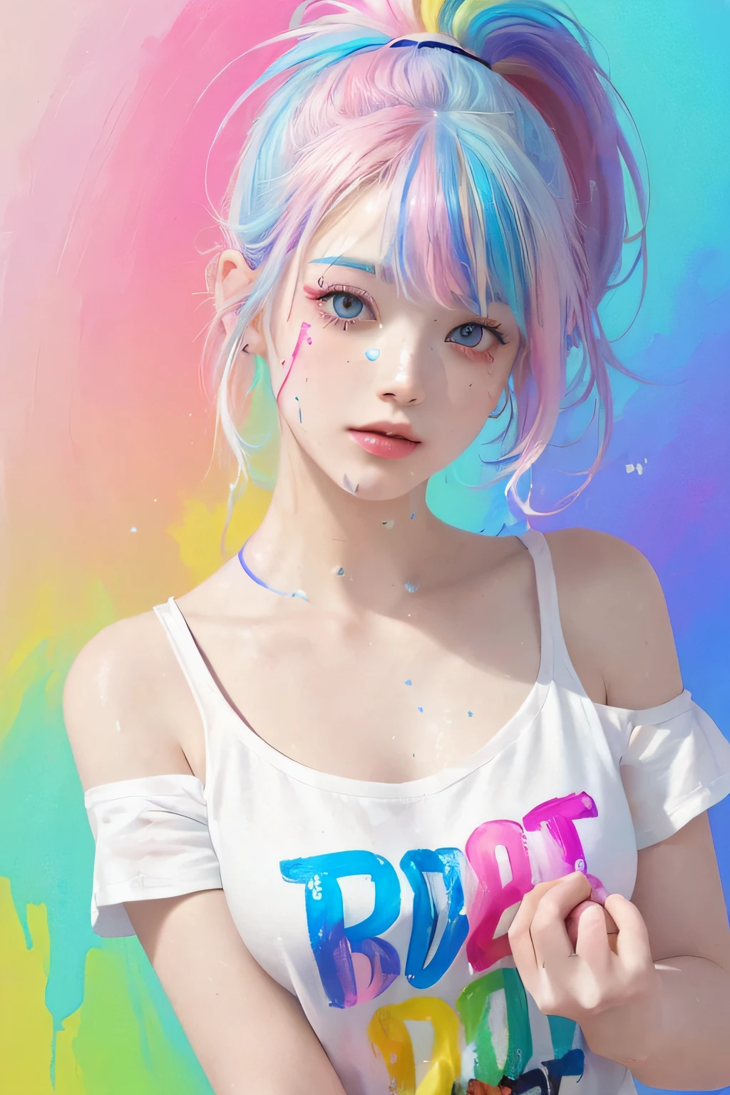 (Pink Fashion T-shirt:1.9),(Colorful hair: 1.8), (all the colours of the rainbow: 1.8),(((((vertical painting:1.6))), (painting:1.6),front, comics, illustrations, paintings, large eyes, crystal clear eyes,( rainbow color gradient high ponytail:1.7), exquisite makeup, closed mouth,(Small Fresh: 1.5),(Wipe Chest: 1.6) ,long eyelashes, white off shoulder T-shirt, White Shoulder Shirt,looking at the audience, large watery eyes, (rainbow colored hair:1.6), color splash, (solo:1.8), color splash, color explosion, thick paint style, messy lines, ((shining)),(colorful), (colorful), (colorful), colorful, Thick Paint Style, (Splash) (Color Splash), Vertical Painting, Upper Body, Paint Splash, Acrylic Pigment, Gradient, Paint, Highest Image Quality, Highest Quality, Masterpiece, Solo, Depth of Field, Face Paint, colorful clothes, (Elegant: 1.2), gorgeous,long hair, wind, (Elegant: 1.3), (Petals: 1.4),(((masterpiece))),(((best quality))),((ultra-detailed)),(illustration),(dynamic angle),((floating)),(paint),((disheveled hair)),(solo),(1girl) , (((detailed anima face))),((beautiful detailed face)),collar,bare shoulders,white hair, ((colorful hair)),((streaked hair)),beautiful detailed eyes,(Gradient color eyes),(((colorful eyes))),(((colorful background))),(((high saturation))),(((surrounded by colorful splashes))),