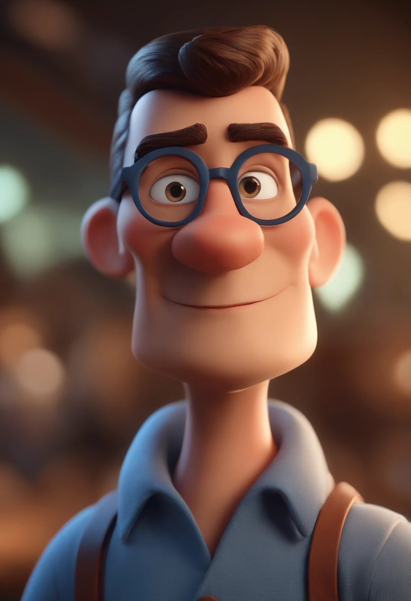 Cartoon character of a man with black glasses and a blue shirt, animation character, Caractere estilizado, animation style rendering, 3D estilizado, Arnold Maya render, 3 d render stylized, toon render keyshot, Personagem 3D, Personagem 3D, 3d rendering stylized, 3 d character render, personagem de desenho animado, Personagem de close up, Pose de personagem,  (Estilo Pixar) (master part:1.2) (Bokeh) (best quality) (pele detalhada) (textura detalhada) (8k) (argila) (Cinematic lighting) (foco nítido