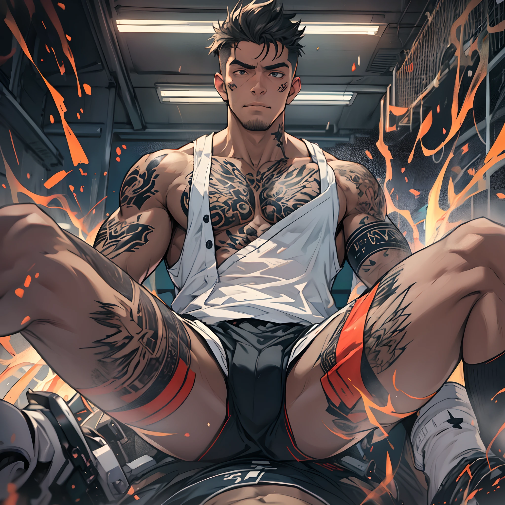 Libido boy,Tong,large pecs,Big bag,Wear white basketball socks,Half recumbent,CG sense,POV perspective,spread their legs,Dark atmosphere,8K,Cinematic lighting effects,Textured skin,best qualtiy,Storytelling images,Storytelling images,dynamic blur,actionpose,Elevation viewing angle,tattoo_ryoumen, tattoo_On_his_face