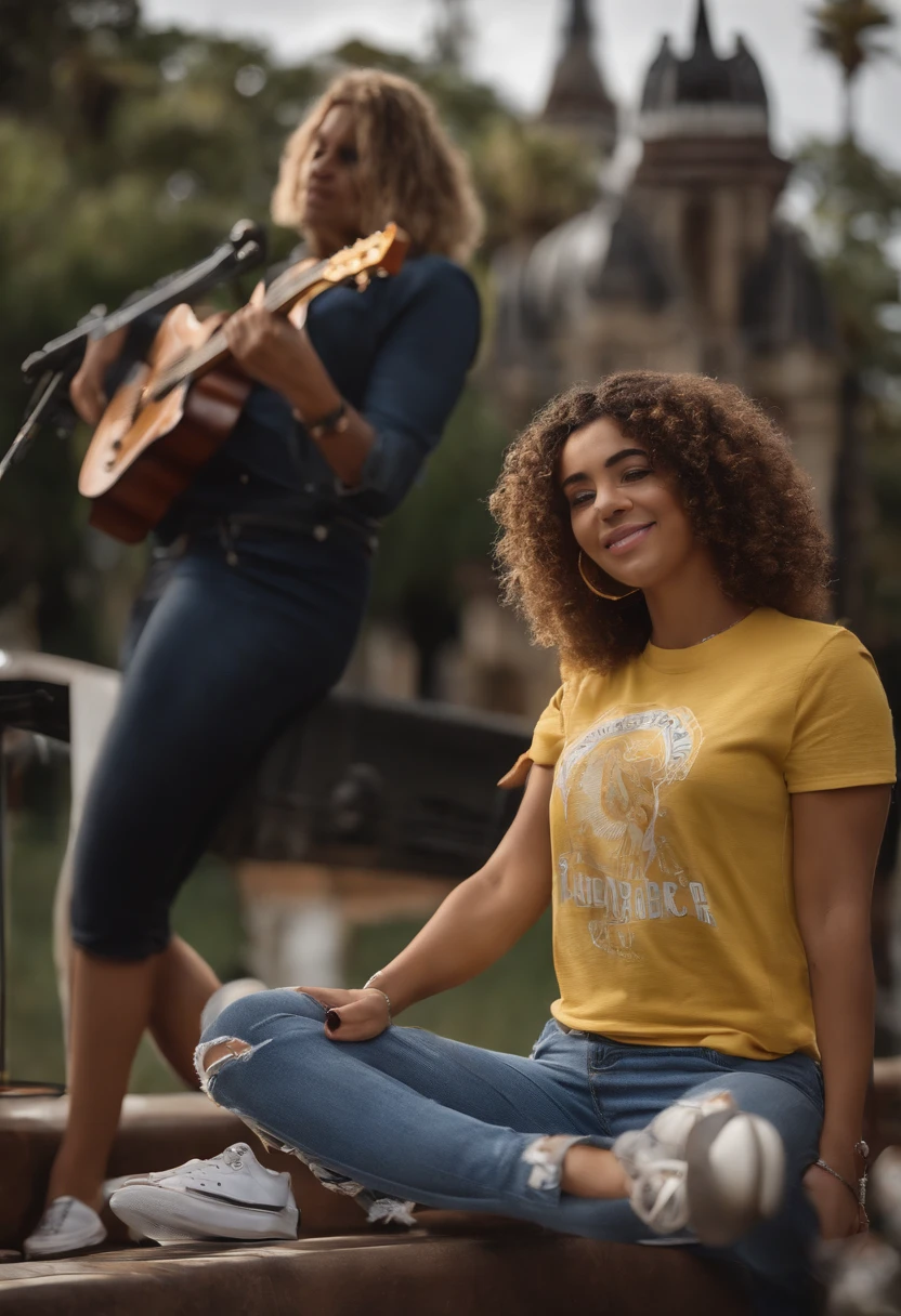 Crie um poster 3D estilo Disney/Pixar Menina de 18 anos com cabelo cacheado curto nos ombros ,who has round black glasses and has small eyes and the color of his eyes is dark brown, e na sua bochecha aparece covinhas quando sorri, vestida com uma camiseta da banda Resgate , ripped pants at the knees and ALL STAR sneakers, tocando teclado com seu tio um cara de 41 anos,cabelos cacheados e de cavanhaque,  Torn pants , camiseta da banda catedral, tocando um contra baixo jazz Bass fender