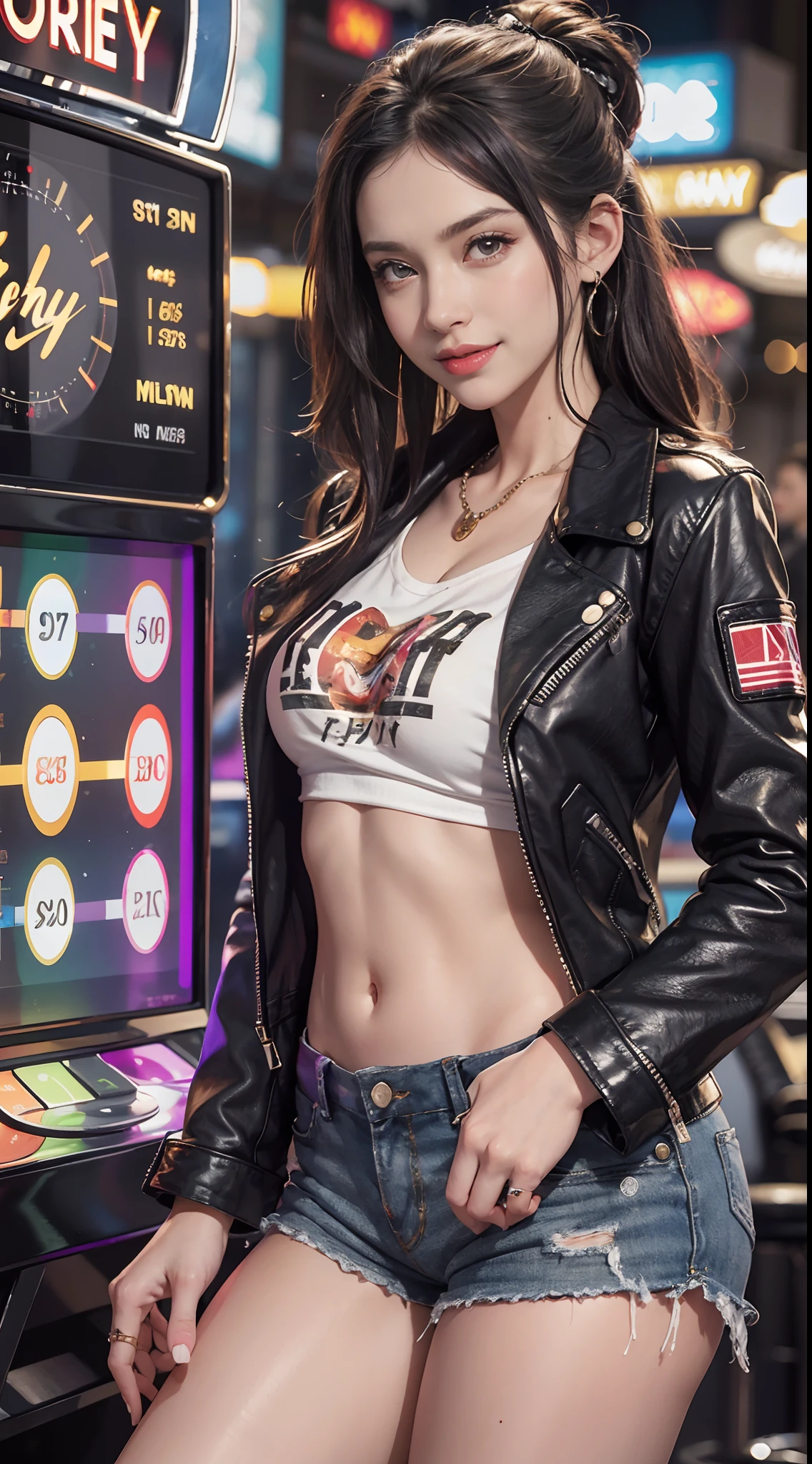 8k, Best Quality, (Beauty), High Definition, Realistic, Real Person, Jackpot at Slot Machine, Guts Pose, Smiling, Screaming, One Young Pretty Girl, Glossy Enamel Shorts, T-shirt Short Enough to Make Your Stomach, Short Leather Jacket, (Wearing a lot of fancy accessories))