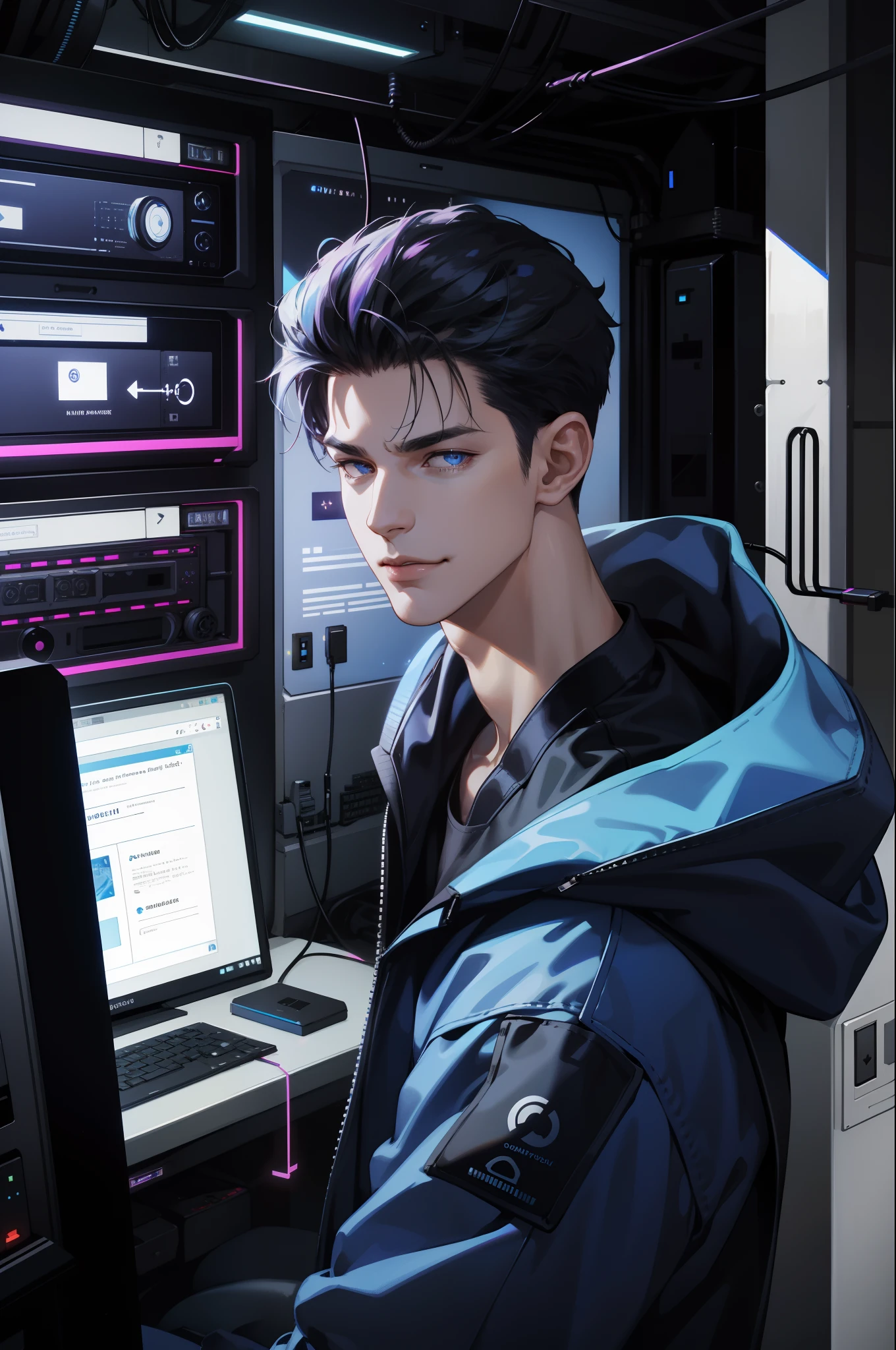 (absurdres, highres, ultra detailed), 1 male, mature, manly, tall muscular, handsome, finely detailed eyes, intricate details, portrait, looking at viewer, solo, half shot, detailed background, detailed face, (1980s synthwave theme:1.1)  high-tech futuristic hacker, smirk, advanced technology, hoodie, techwear, wearable device, keycard, cables,   (holographic display:1.05),   computer, password, control panel in background, blue lights,  dark sinister atmosphere, shadows,