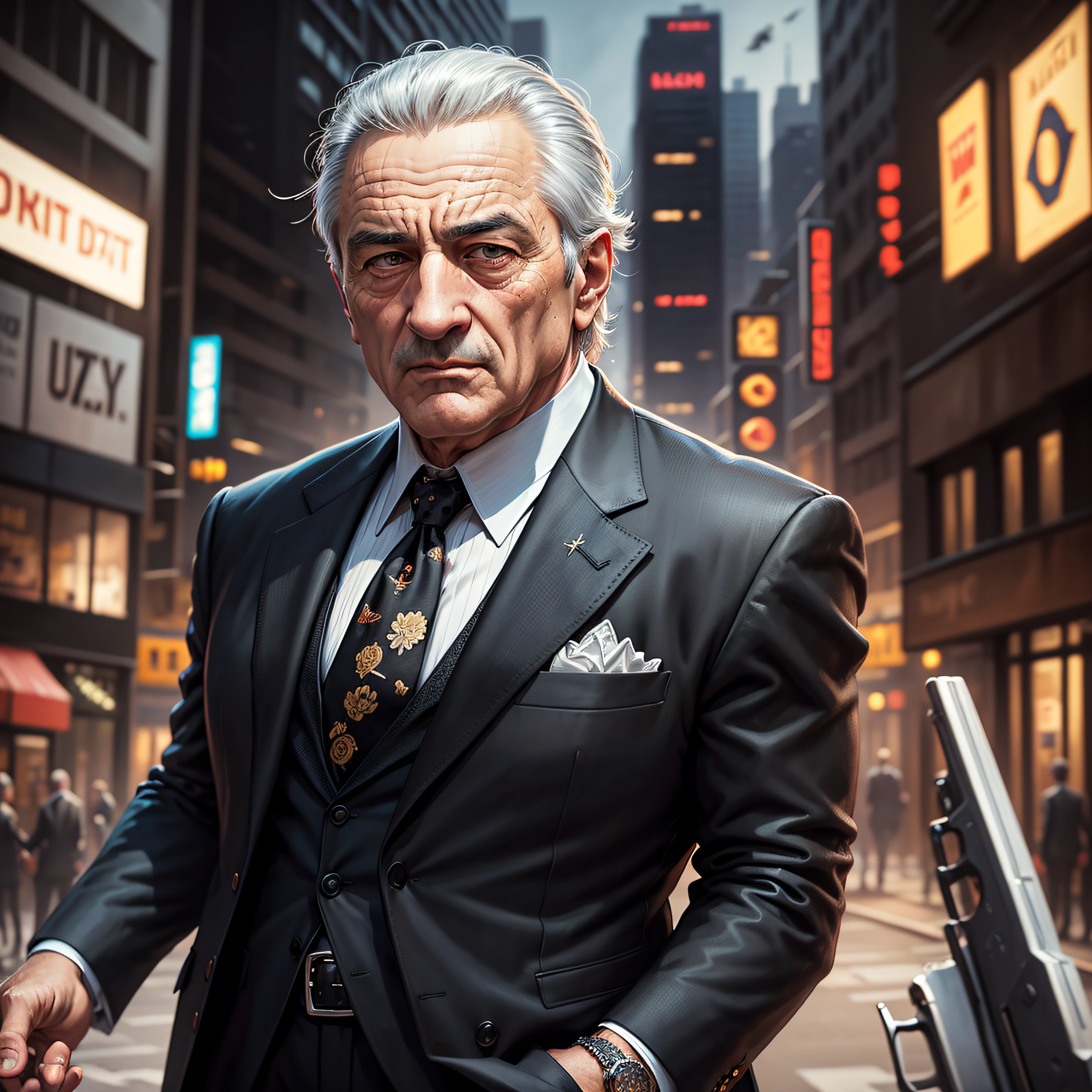 mobster gangster Robert De Niro with black three-piece suit and uzi, gangster, mafia, city backdrop, realistic, stylish, intricate details, hyperdetailed, cinematic, rim light, city backdrop, masterpiece Illustration, Beautiful 4K Art, Vibrant Digital Painting , Stunning digital illustration, Intricate masterpiece, A beautiful artwork illustration, Beautiful color art!