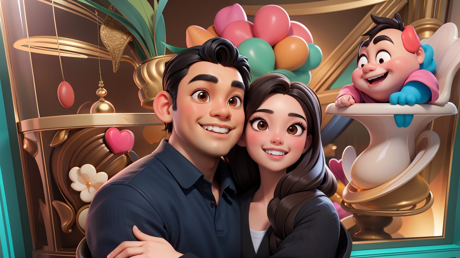masterpiece, best quality, 3d rendering work, 3DMM style, close-up, portrait, 3D, two young Asian couple, beautiful skin, brown eyes, black hair, sweet smile, 80 kg overweight, gradient background. Colors Candy color, cute