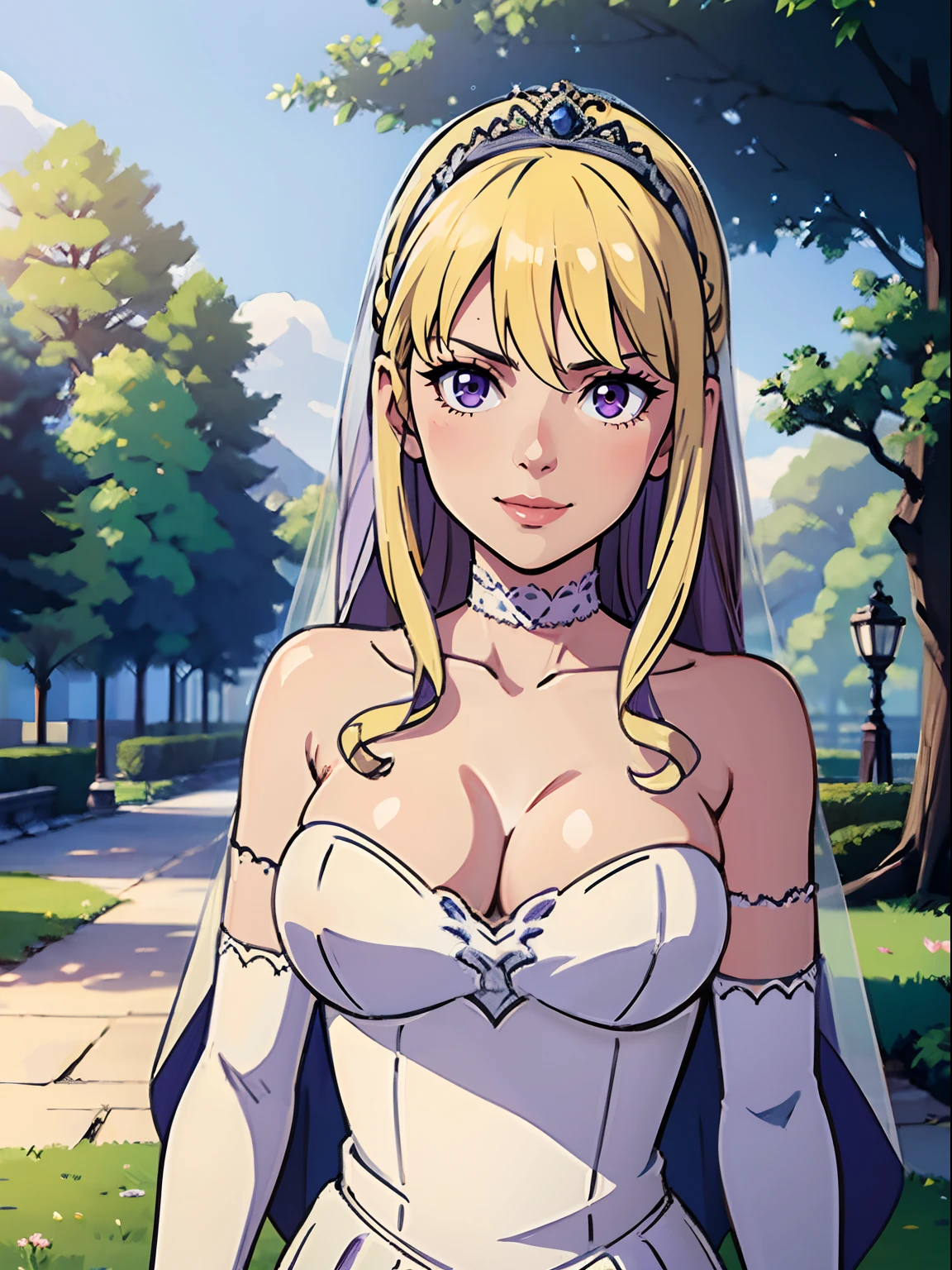 constance_timeskip, bangs, purple eyes, blonde hair, hair between eyes, ahoge, hair ornament, gloves, dress, cleavage, bare shoulders, collarbone, white oprea gloves, white gloves, white dress, strapless, white choker, tiara, veil, strapless dress, wedding dress, bridal veil, beautiful woman, perfect body, perfect breasts, wearing a wedding dress, ball gown, in the park trees, wedding decorations, looking at the viewer, smile, realism, masterpiece, textured skin, super detail, high detail, high quality, best quality, 1080p,