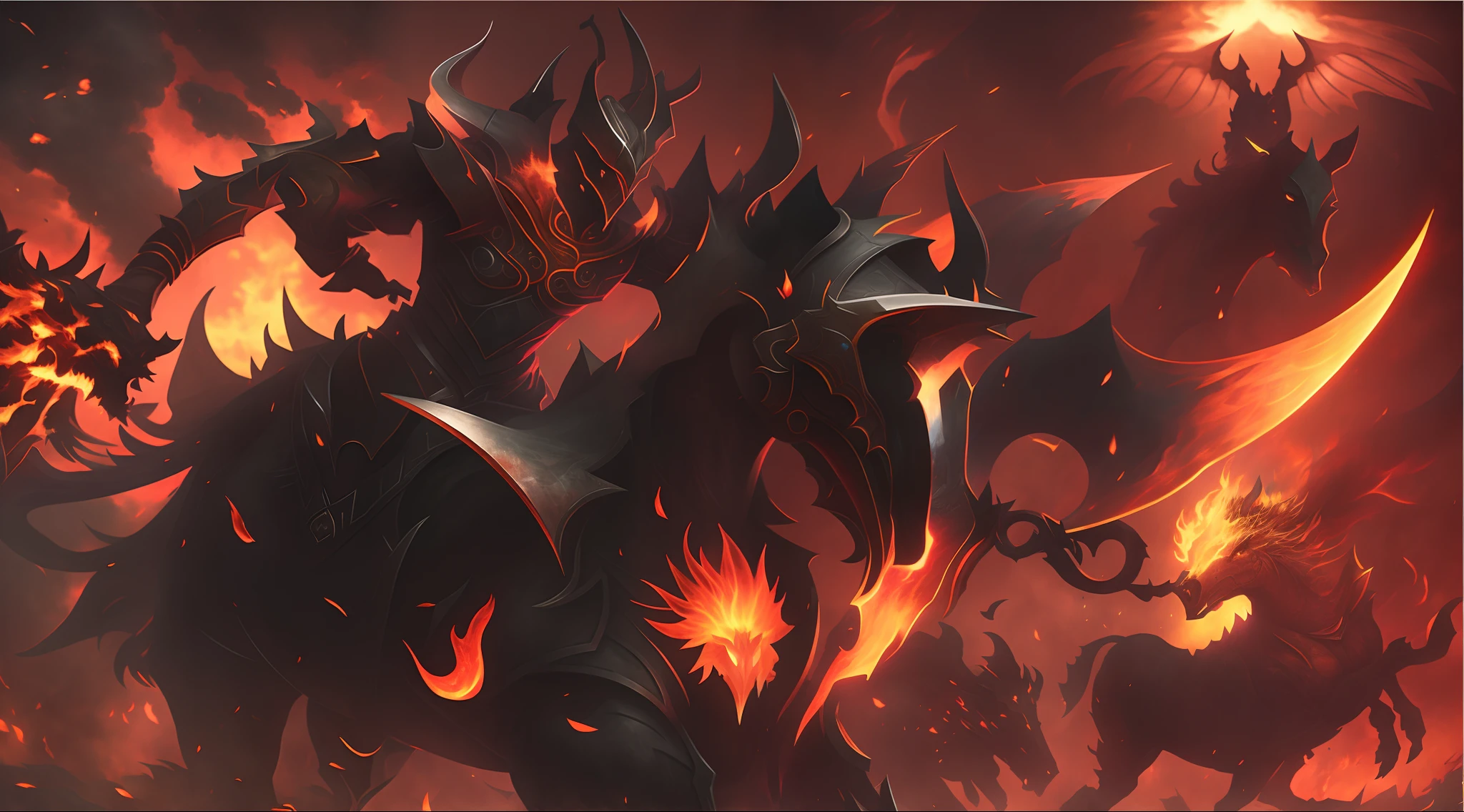 （（（tmasterpiece）））， （（best qualtiy））， （super detailing）， （CG illustration），(A girl riding a flaming horse) [Flames, Heavy armor, steed, ruler of inferno, Fire summons armor, lord of cinder, Raging hell and destruction, Blazing reflections on armor, Dota 2 concept art]. This artwork depicts a close-up of a fierce and intimidating girl on a warhorse，Engulfed in raging fire. The girl wears a set of heavy armor with an intricate flame design, Emphasize her connection to the blazing hell. She exudes the aura of a ruler in the depths of hell, Command the flames and the steed she trusts. The flames around her and the horse evoke a sense of chaos and destruction, Engage the audience with their intensity. The armor shone with a blazing light, Highlight its threatening appearance. Inspired by Dota 2 concept art, This masterpiece of art combines elements of fantasy, Action, and darkness, Viewers are invited into a world filled with epic battles and supernatural powers.