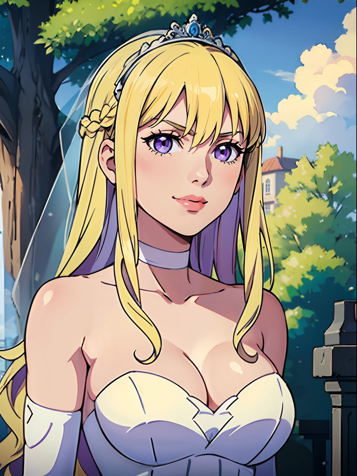 constance_timeskip, bangs, purple eyes, blonde hair, hair between eyes, ahoge, hair ornament, gloves, dress, cleavage, bare shoulders, collarbone, white oprea gloves, white gloves, white dress, strapless, white choker, tiara, veil, strapless dress, wedding dress, bridal veil, beautiful woman, perfect body, perfect breasts, wearing a wedding dress, ball gown, in the park trees, wedding decorations, looking at the viewer, smile, realism, masterpiece, textured skin, super detail, high detail, high quality, best quality, 1080p,