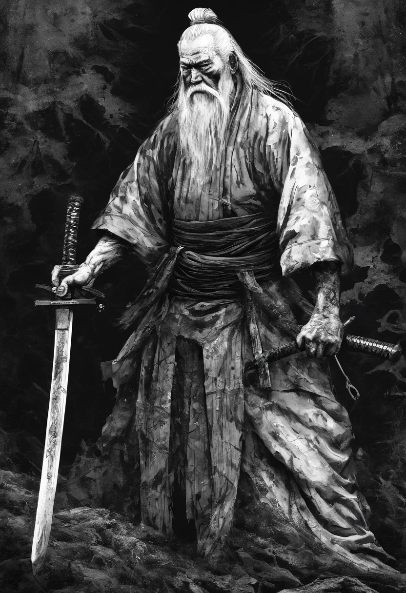 Historical, a old man, Samurai,battered,of a shirtless, Japanese Katana Sword, Long white hair, Long white beard，samurais,Grandpa, Burst，Knelt，Seppuku kills yourself