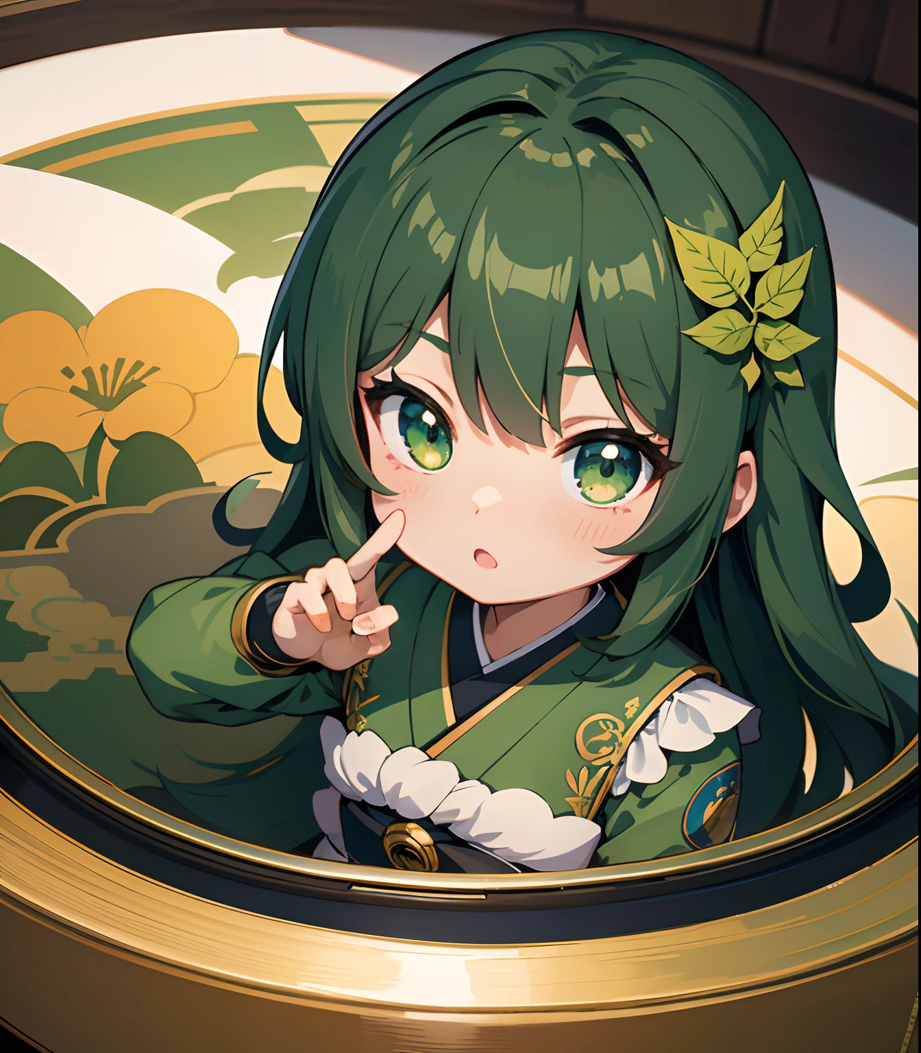 (​masterpiece、top-quality、ultra-detailliert、Best Shadows)、细致背景、a sticker、hight resolution、ultra-detailliert、((Lady))、(Chibi Chara),Beautiful hair、verdant、foliages、Green、kawaii faces、A detailed eye、Women in Japan、noble、livestream、Charisma Idol Pose、Detailed hand、perfect hand、intricate detailes、Famous Private Schools