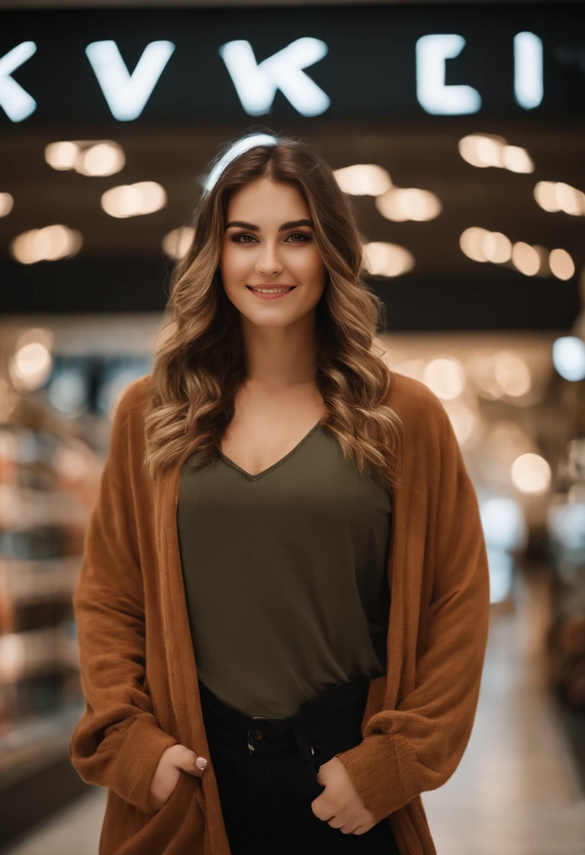 (Mikayla Demaiter) person posing in a mall clothing store, best quality, 1girl, blur background, bokeh, (mall:1.4), ((wearing casual clothes)), gorgeous, beautiful detailed sky, (dynamic pose:1), soft lighting, wind, ((portrait:1.4)).