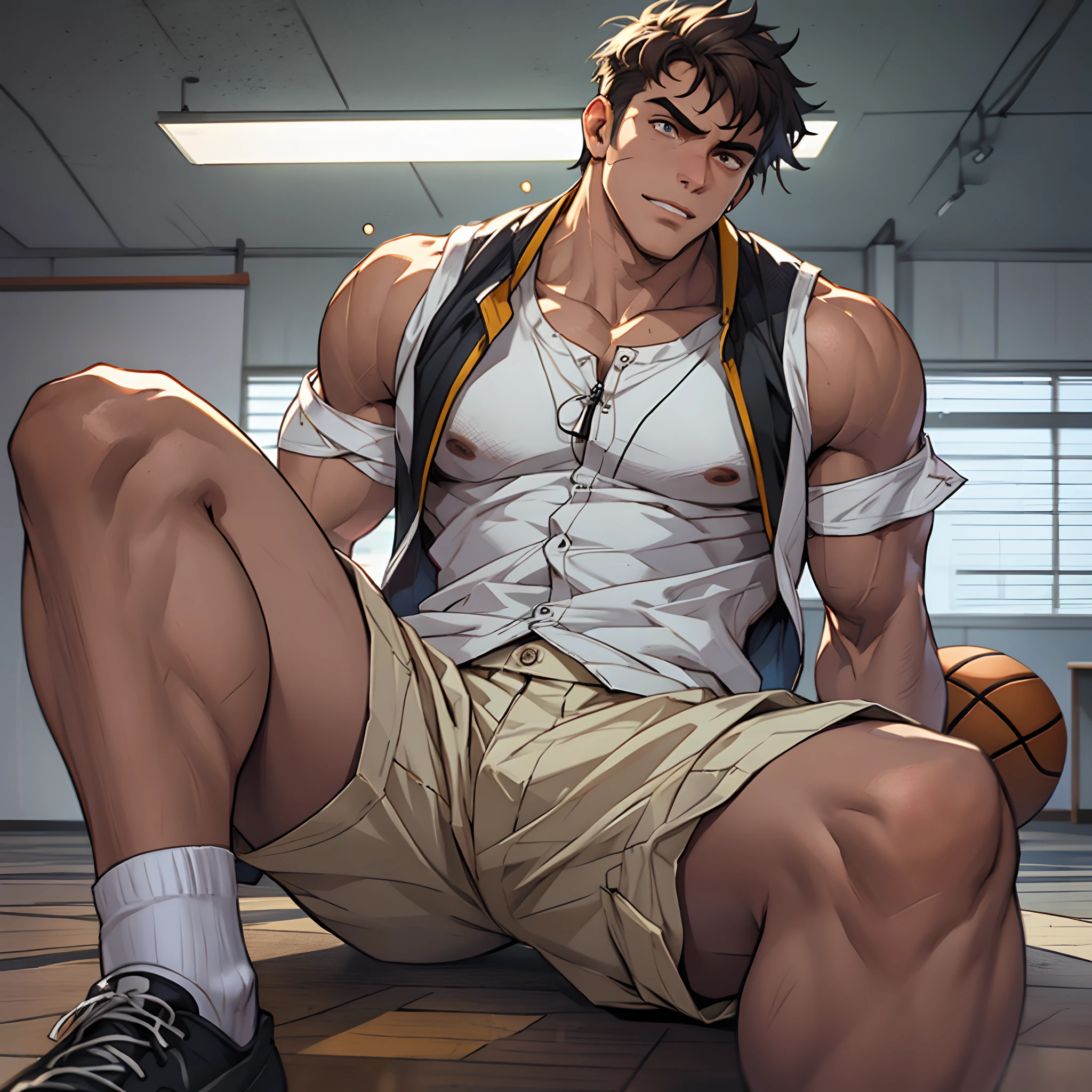 Libido boy，Tong，large pecs，Big bag，Half recumbent，CG sense，POV perspective，spread their legs，Dark atmosphere，8K,Cinematic lighting effects，Textured skin，best qualtiy，Storytelling images，Storytelling images，dynamic blur，actionpose，Elevation viewing angle,Physical Education Student，basketball suit，vests，‎Classroom，with brown skin，Serious expressions，Hot gas，Keep one's mouth shut，Abs，full bodyesbian，solo person，Bare legged，Foot odor，dermatophytosis，white short socks，Sitting down，Undress，Take off your pants，musculous