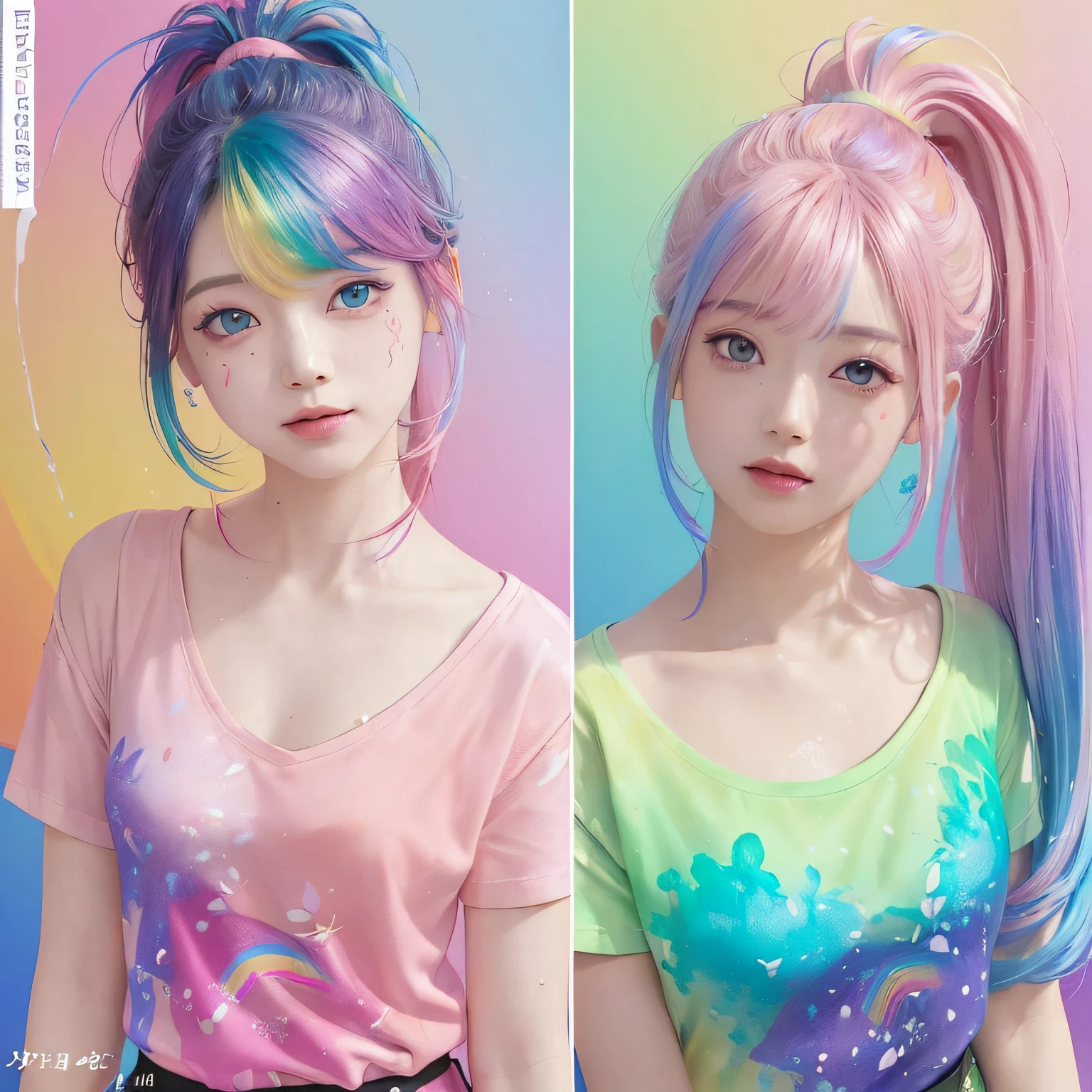 (Pink fashion T-shirt:1.9)、(colourful hair:1.8)、(all the colours of the rainbow:1.8)、((((Vertical Painting:1.6)))、(painterly:1.6)、frontage、comic strip、illustratio、painterly、big eye、Sheer eyes、(Iridescent gradient high ponytail:1.7)、Exquisite makeup、Mouth closed、(Small fresh:1.5)、(Wipe Chest:1.6)、long eyeslashes、White off-the-shoulder T-shirt、White shoulder shirt、looking at the spectator、large watery eyes、(rainbow-colored hair:1.6)、 color splashes, (独奏:1.8), color splashes, Color explosion, Thick paint style, Messy lines, ((SHINES)), (colourfull), (colourfull), colourfull, colourfull, Chic paint style, (Splash) (color splashes), Vertical Painting, The upper part of the body, paint splashes, Acrylic Pigment, gradients, paint, Top image quality, Top image quality, masterpiece, 独奏, depth of fields, facepaint, colourful clothes, (elegent: 1.2), Gorgeous,length hair, the wind, (elegent: 1.3), (flower petals:1.4)、(((masterpiece)))、(((top-quality)))、((ultra-detailliert))、(illustratio)、(dynamic ungle)、((Planktonic))、(paint)、((dishevled hair))、(独奏)、(1girl in)、((Detailed anima face)))、((beautifull detailed face))、collars、bare shoulders、white hair、((colourful hair))、(((striated hair))、beatiful detailed eyes、(Gradient color eyes)、(((Colorful eyes))))、(colorful backdrop))))、((((a high chroma))))、(((Surrounded by colorful splashes)))、great laughter、2 girls in、