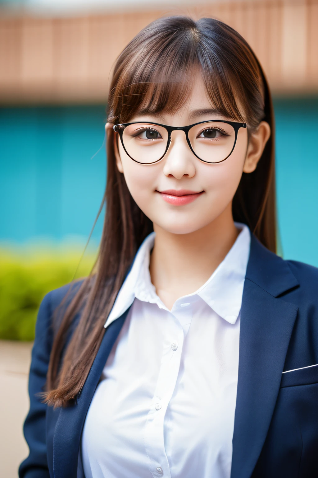 (a young female teacher,suit,eyeglasses,cute,sexy,dominant,perceptive,school campus background,high resolution,vibrant,frontal image)