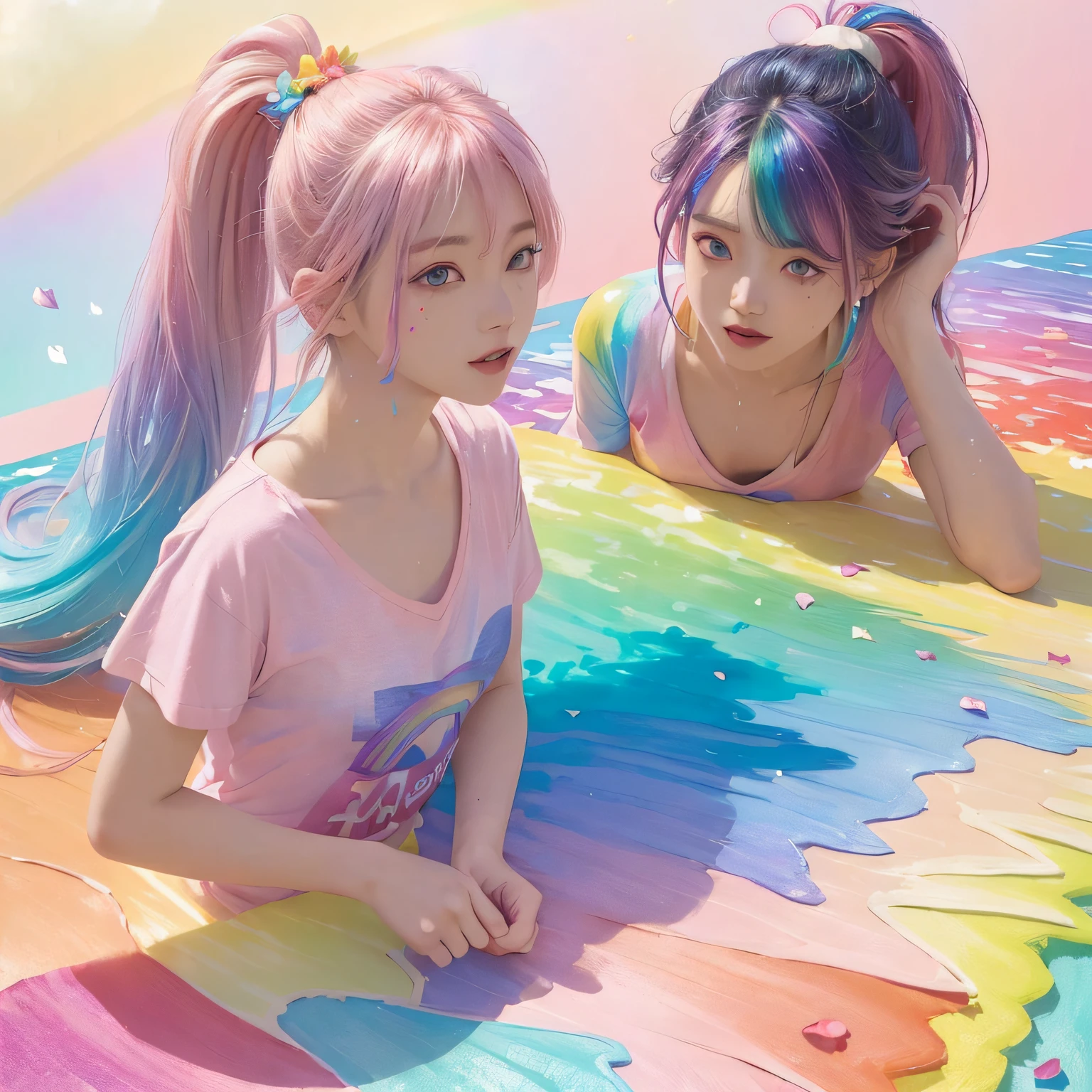girl with colorful hair and a colorful dress, rossdraws pastel vibrant,beautiful portrait, artgerm colorful!!!, ! dream artgerm, beautiful girl,digital art, art wallpaper 4k,detailed beautiful delicate eyes, a face of perfect proportion, high detailed skin, detailed skin, arms under breast, medium large breasts, wide hips, smooth midriff, skiny and thin, __fashion__, __hair__:1.3),