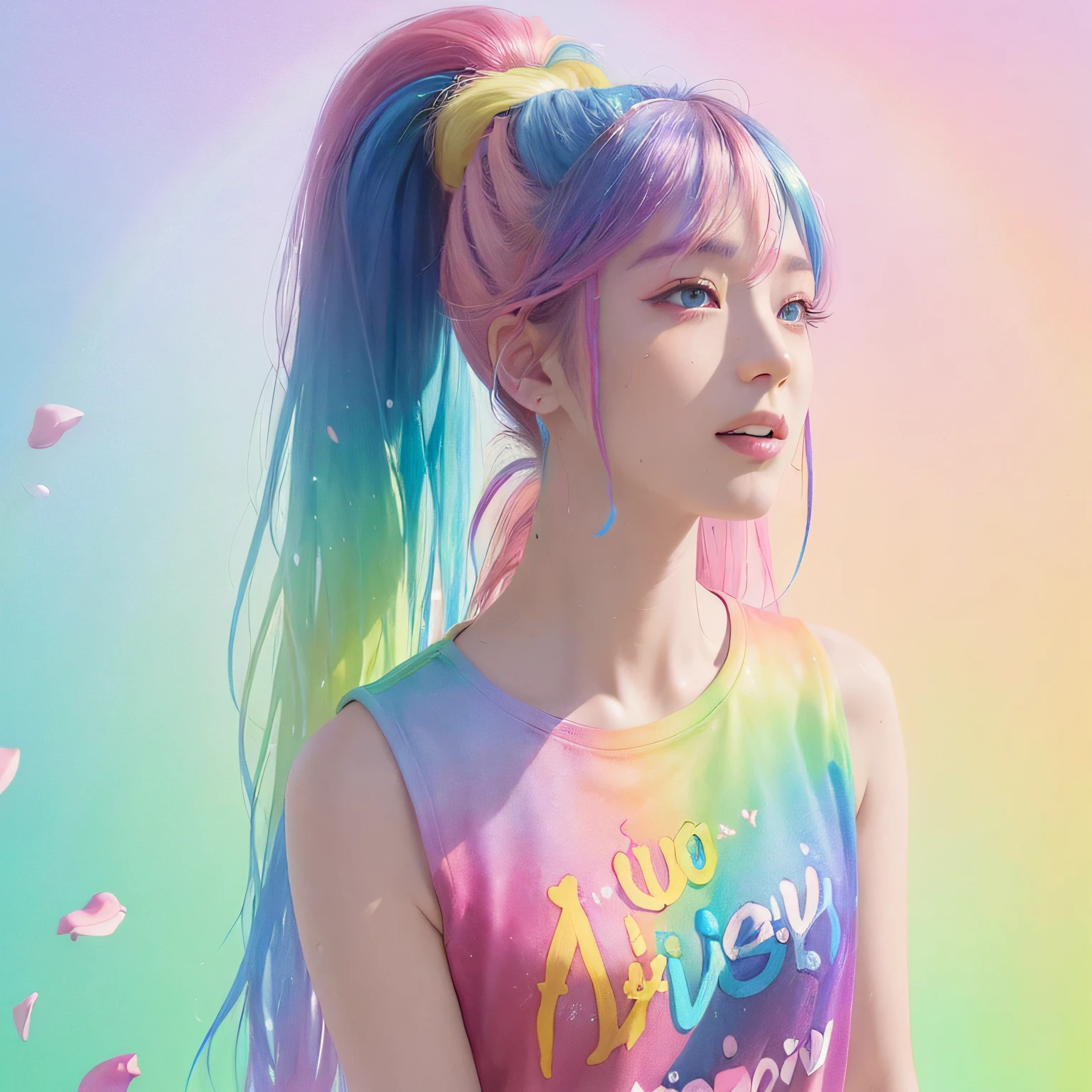 (Pink fashion T-shirt:1.9)、(colourful hair:1.8)、(all the colours of the rainbow:1.8)、((((Vertical Painting:1.6)))、(painterly:1.6)、frontage、comic strip、illustratio、painterly、big eye、Sheer eyes、(Iridescent gradient high ponytail:1.7)、Exquisite makeup、Mouth closed、(Small fresh:1.5)、(Wipe Chest:1.6)、long eyeslashes、White off-the-shoulder T-shirt、White shoulder shirt、looking at the spectator、large watery eyes、(rainbow-colored hair:1.6)、 color splashes, (独奏:1.8), color splashes, Color explosion, Thick paint style, Messy lines, ((SHINES)), (colourfull), (colourfull), colourfull, colourfull, Chic paint style, (Splash) (color splashes), Vertical Painting, The upper part of the body, paint splashes, Acrylic Pigment, gradients, paint, Top image quality, Top image quality, masterpiece, 独奏, depth of fields, facepaint, colourful clothes, (elegent: 1.2), Gorgeous,length hair, the wind, (elegent: 1.3), (flower petals:1.4)、(((masterpiece)))、(((top-quality)))、((ultra-detailliert))、(illustratio)、(dynamic ungle)、((Planktonic))、(paint)、((dishevled hair))、(独奏)、(1girl in)、((Detailed anima face)))、((beautifull detailed face))、collars、bare shoulders、white hair、((colourful hair))、(((striated hair))、beatiful detailed eyes、(Gradient color eyes)、(((Colorful eyes))))、(colorful backdrop))))、((((a high chroma))))、(((Surrounded by colorful splashes)))、great laughter、2 girls in、