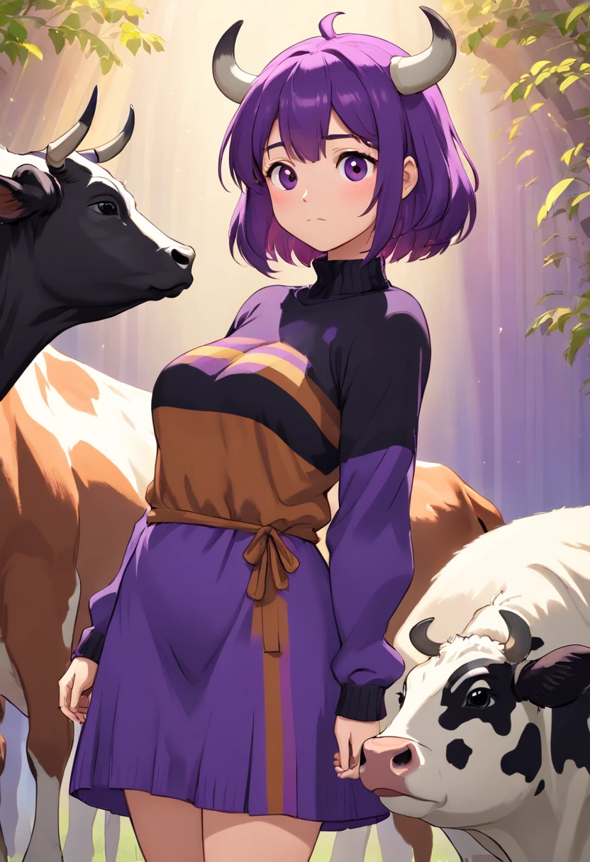 Chubby, cow girl, anthro, really big boobs ,brown skin, purple hair, sweater dress with black and purple vertical stripes , hair covering left eye, standing froward