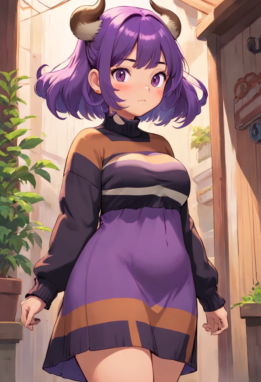 Chubby, cow girl, anthro, really big boobs ,brown skin, purple hair, sweater dress with black and purple vertical stripes , hair covering left eye, standing froward