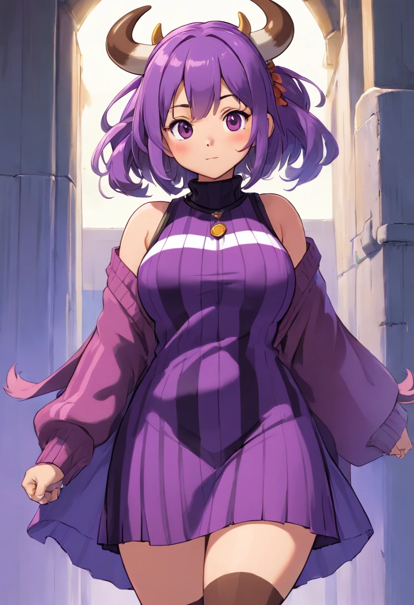 Chubby, cow girl, anthro, really big boobs ,brown skin, purple hair, sweater dress with black and purple vertical stripes , hair covering left eye, standing froward