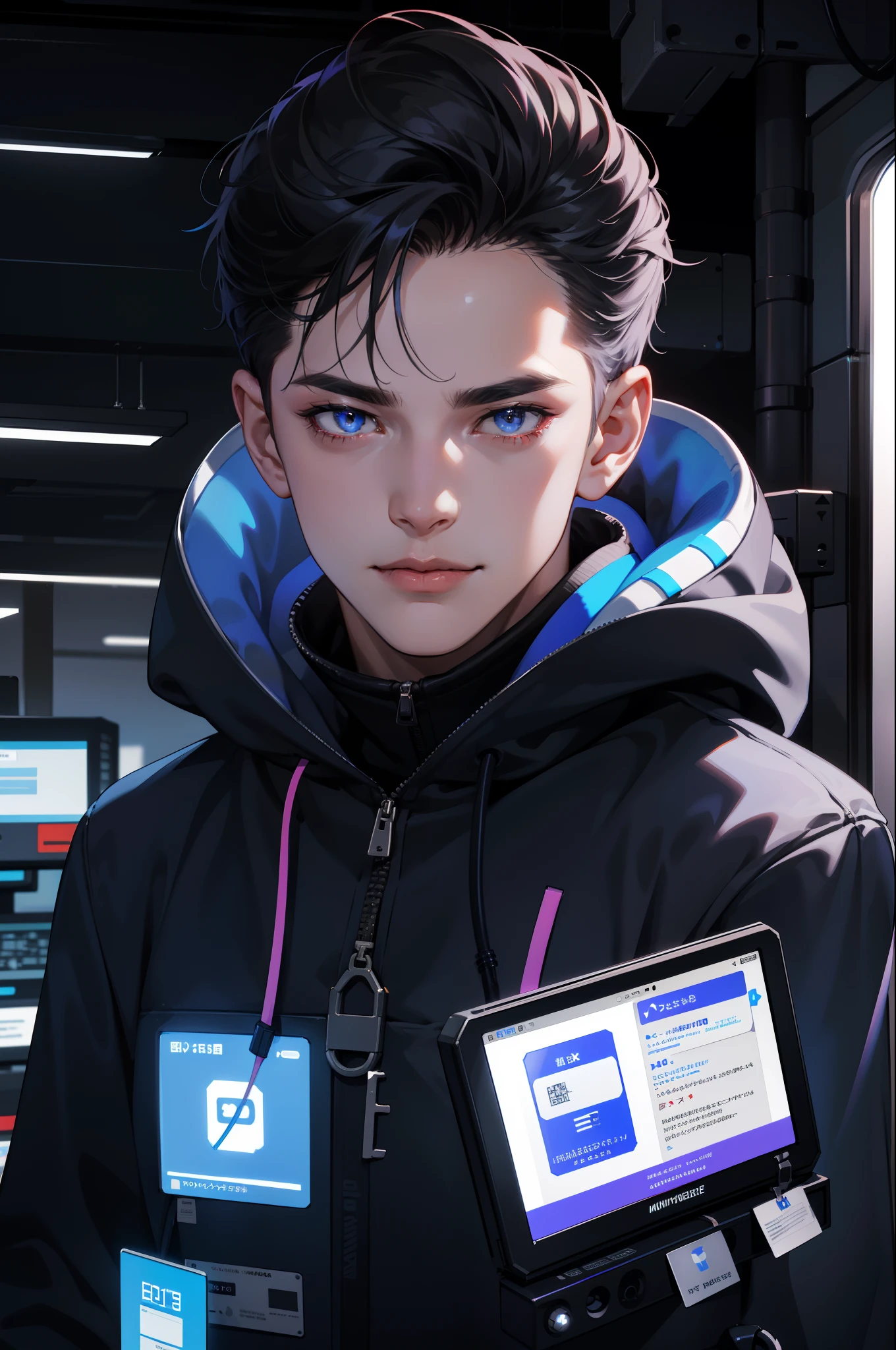 (absurdres, highres, ultra detailed), 1 male, mature, manly, tall muscular, handsome, finely detailed eyes, intricate details, portrait, looking at viewer, solo, half shot, detailed background, detailed face, (1980s synthwave theme:1.1)  high-tech futuristic hacker, smirk, advanced technology, hoodie, techwear, wearable device, keycard, cables,   (holographic display:1.05),   computer, password, control panel in background, blue lights,  dark sinister atmosphere, shadows,