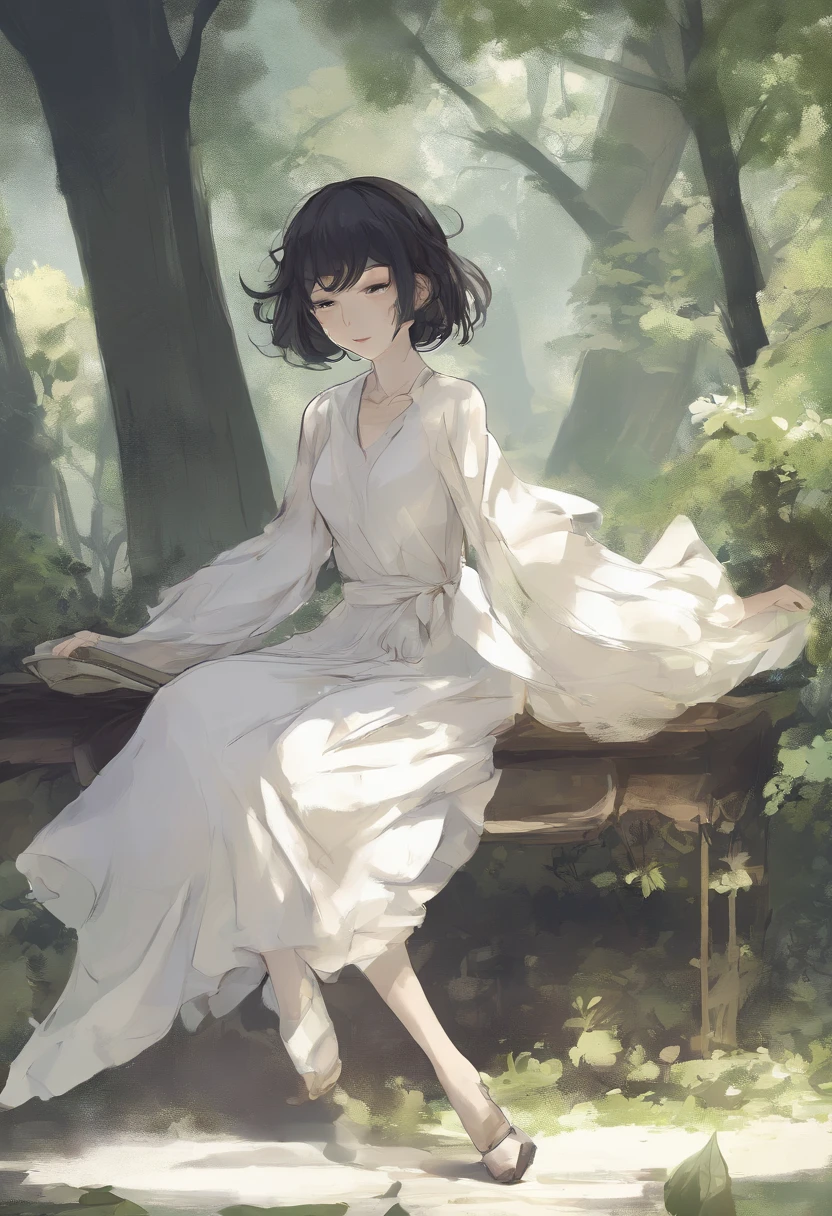 20 years,ultra-detailliert,Short-haired beauty with black hair, Playfulness and charm. White simple dress, Fluttering fabric that flutters in the breeze. Color is soft pastel, Reminiscent of the greenery of the trees blooming around it.  The skirt is plump and flowing, With a layer of cloth that gently rusts when she moves. The overall effect is、It is one of timeless elegance and elegance.sideways Facing、full bodyesbian、wears glasses、Drinking coffee、Sitting in front of the PC