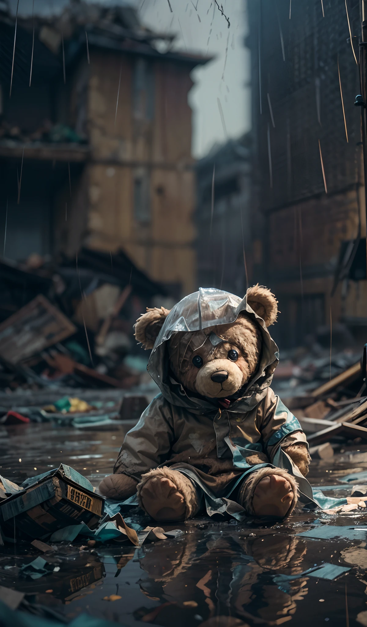 masterpiece, concept art, photography, medium shot, , sitting, tattered clothes, teddy bear doll beside her, focus shot, cinematic, crying, under (heavy rain:1.4), (night:1.2), rubble building in the background, sad, melancholy, (epic composition, epic proportion), volumetric lighting, reflection, HD