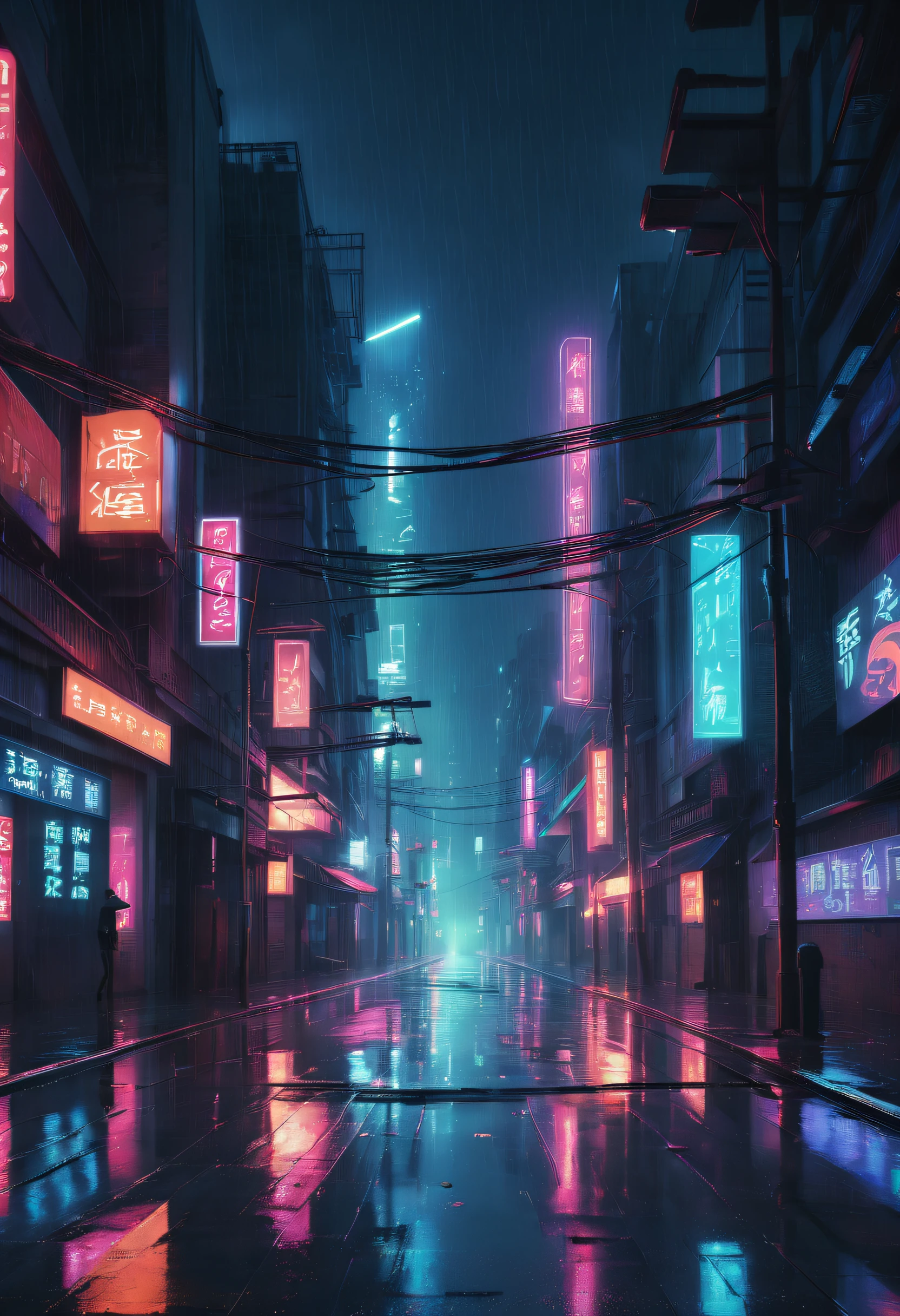 a beautiful rainy night, neon lights, futuristic street, wet floor, masterpiece, best quality