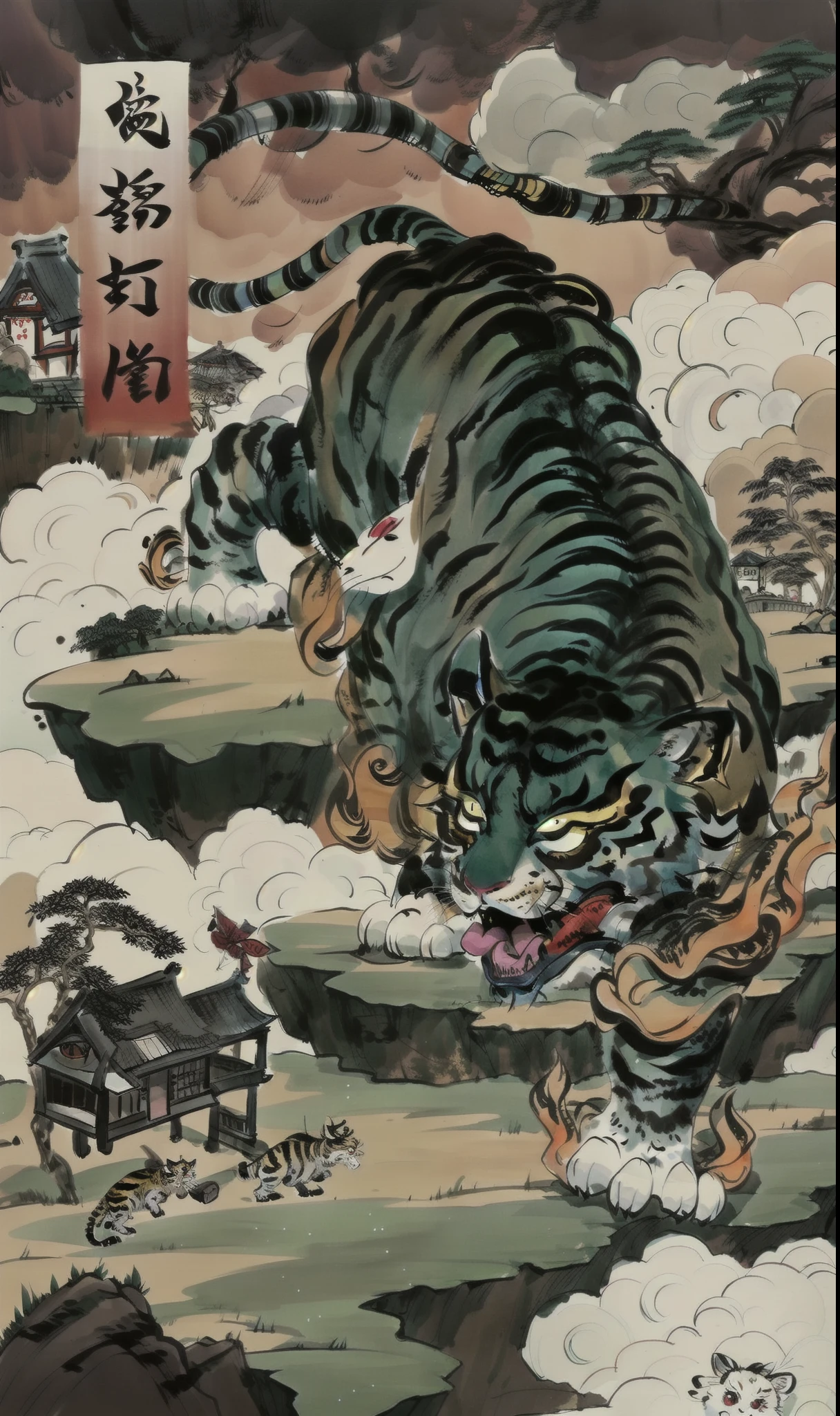 there is a abnormally huge tiger that is jumping over a cliff, small town at the bottom in the art style of ukiyo - e, inspired by Koryusai Isoda, inspired by Kawanabe Kyōsai, inspired by Yuko Shimizu, ukiyoe style, Inspired by Ryūkōsai Jokei, victo ngai style, traditional japanese concept art