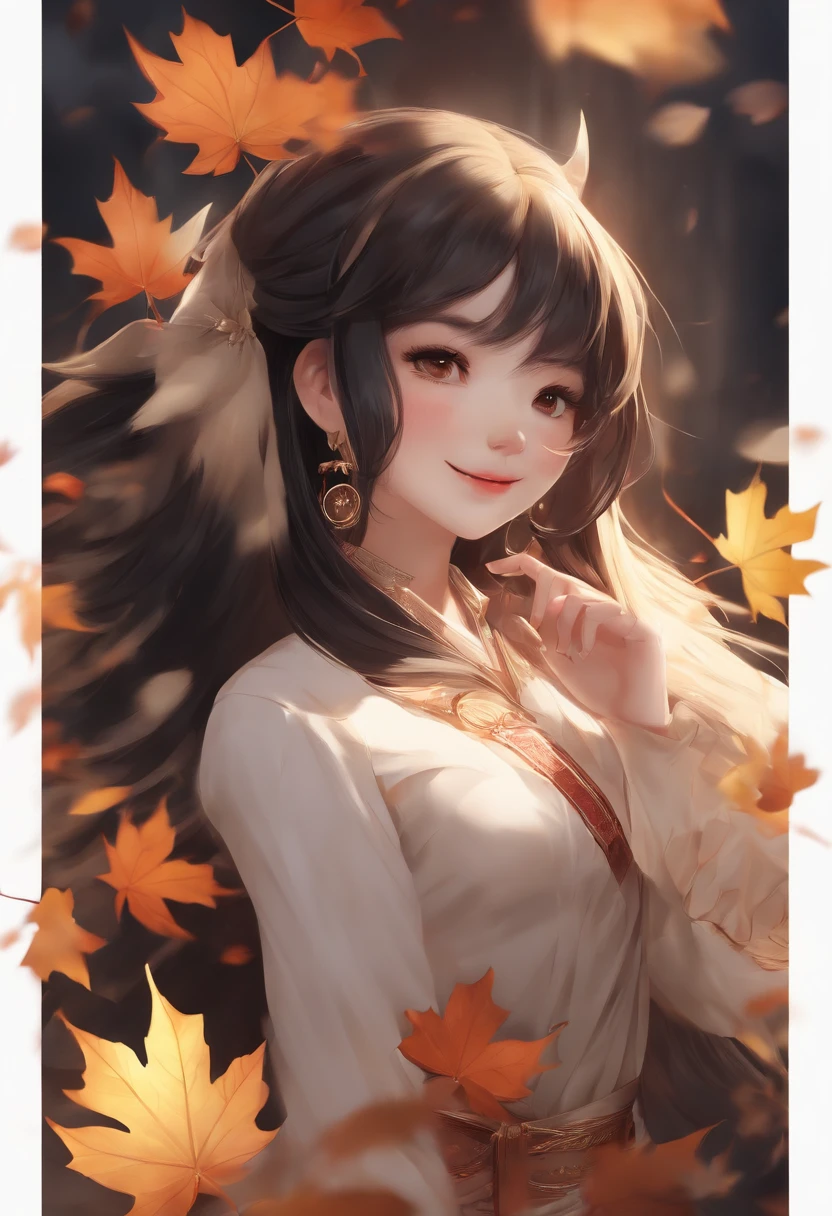 best quality, (masterpiece:1.35), wallpaper, (illustration), original, (depth of field), (1girl:1.35), (solo), full body, dynamic, detailed face,mature female, adult, (old:1.3), Medium breasts, Amused, happy,miko clothing, flower trim,absurdly long hair, black hair,dog ears volumetric lighting, fall leaves, Tyndall effect,