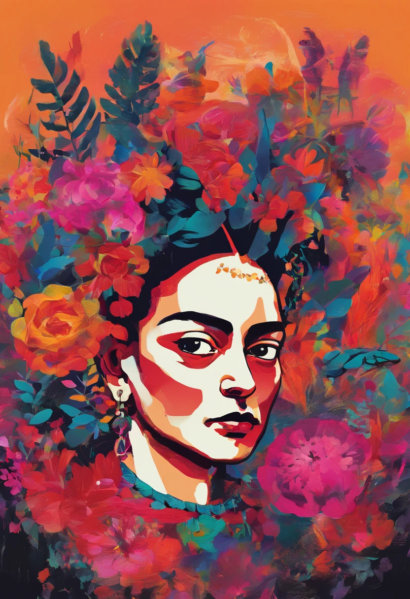 Contemporary Frida Kahlo. acrylic paintings, high-end acrylic painting, modern transitional style painting, wild flowers, iridescent colors, black background color palette, psychedelic