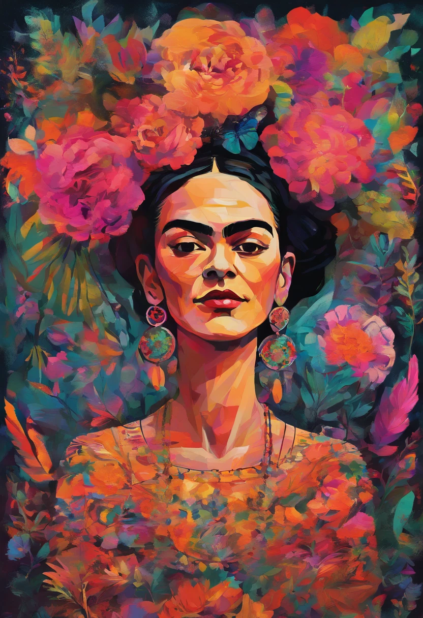 Contemporary Frida Kahlo. acrylic paintings, high-end acrylic painting, modern transitional style painting, wild flowers, iridescent colors, black background color palette, psychedelic