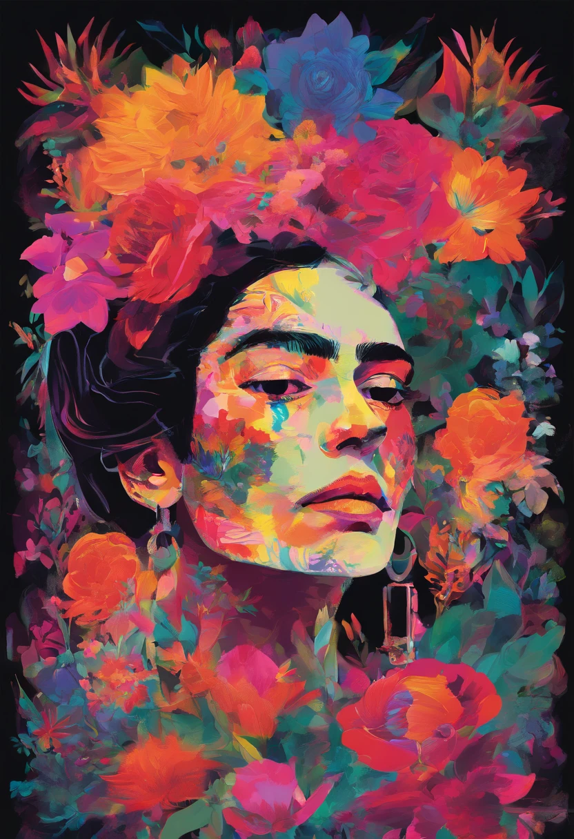 Contemporary Frida Kahlo. acrylic paintings, high-end acrylic painting, modern transitional style painting, wild flowers, iridescent colors, black background color palette, psychedelic