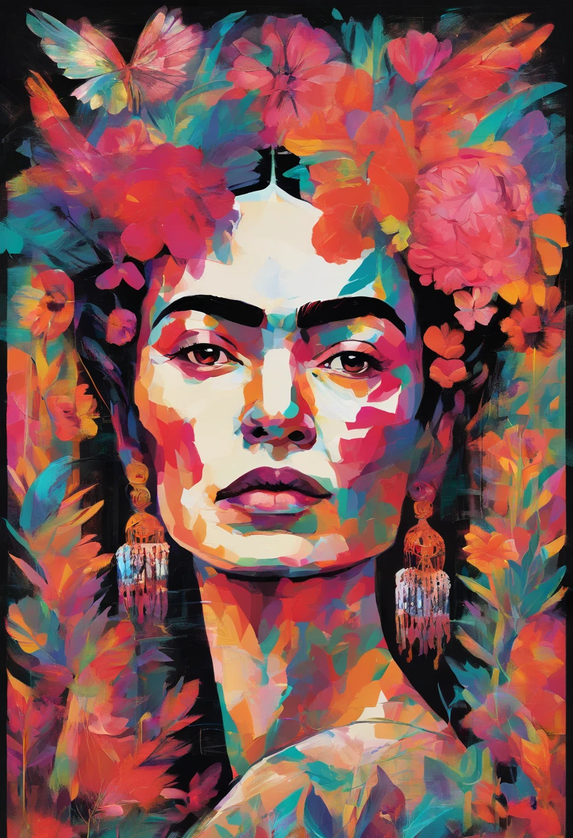 Contemporary Frida Kahlo. acrylic paintings, high-end acrylic painting, modern transitional style painting, wild flowers, iridescent colors, black background color palette, psychedelic
