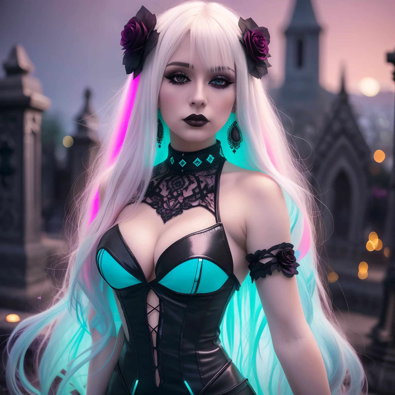 Photograph of a Gothic woman with tanned pale skin, long and voluminous white hair with turquoise and pink lights on it, she also has bangs on her hair, sharp honey brown eyes, she has piercings on her lips, nose and eyebrow, a thin and upturned nose, shapely lips, an hourglass body shape, dark clothes and makeup, a lot of black eyeshadow, intricate maximalist-detailed, vibrant, epic, smooth, cinematic, 4K, backlit, creepy graveyard background, and a deep depth of field.