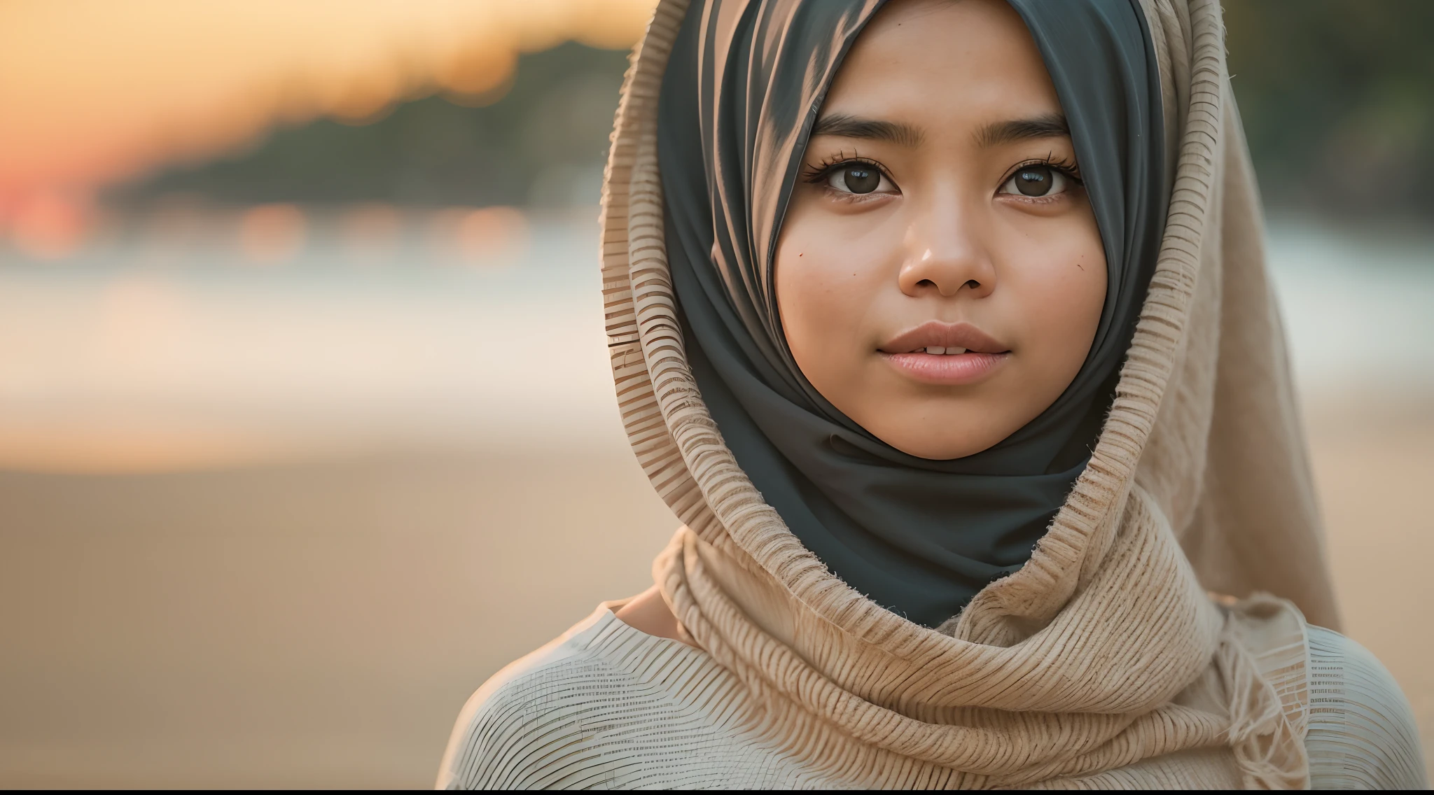 Create a cinematic film still of a Malay girl in hijab standing on a picturesque beach during sunset. Use a warm color palette and a medium telephoto lens to capture the serene beauty of the moment, style raw, pastel color grading, Super 8mm lense, Extreme close-up, Deep Focus cinematography effect,high quality,