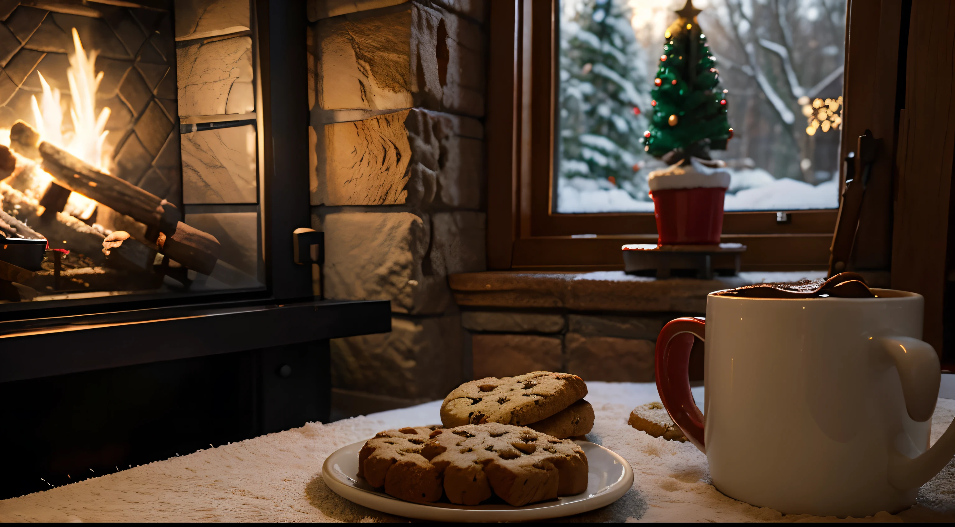 a cozy christmas ambience, with all christmas objects, a large christmas trees a table with christmas snacks and coffee and a pretty fireplace and a christmas window, christmas cookies over the table