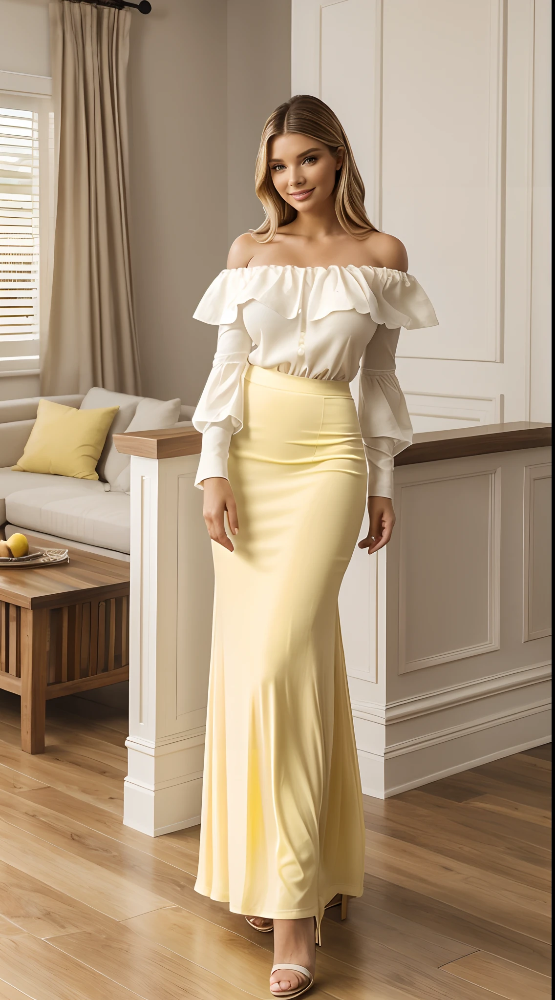 Foto hiperrealista en primer plano de Emily Sears , masterpiece, best quality, (photorealistic:1.4), full body, (white off-the-shoulder blouse:1.2), (yellow pencil maxi maxi skirt:1.1), bare arms, heels, living room, wooden floor, cinematic light, beautiful woman, skinny, large breastsr, straight hair, detailed face, smile, photo taken from a distance
