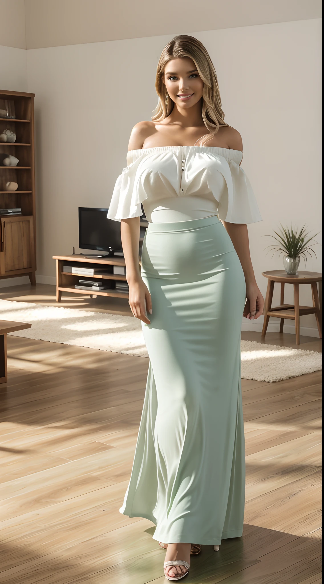 Foto hiperrealista en primer plano de Emily Sears , masterpiece, best quality, (photorealistic:1.4), full body, (light green off-the-shoulder blouse:1.2), (white pencil maxi maxi skirt:1.1), bare arms, heels, living room, wooden floor, cinematic light, beautiful woman, skinny, large breastsr, straight hair, detailed face, smile, photo taken from a distance