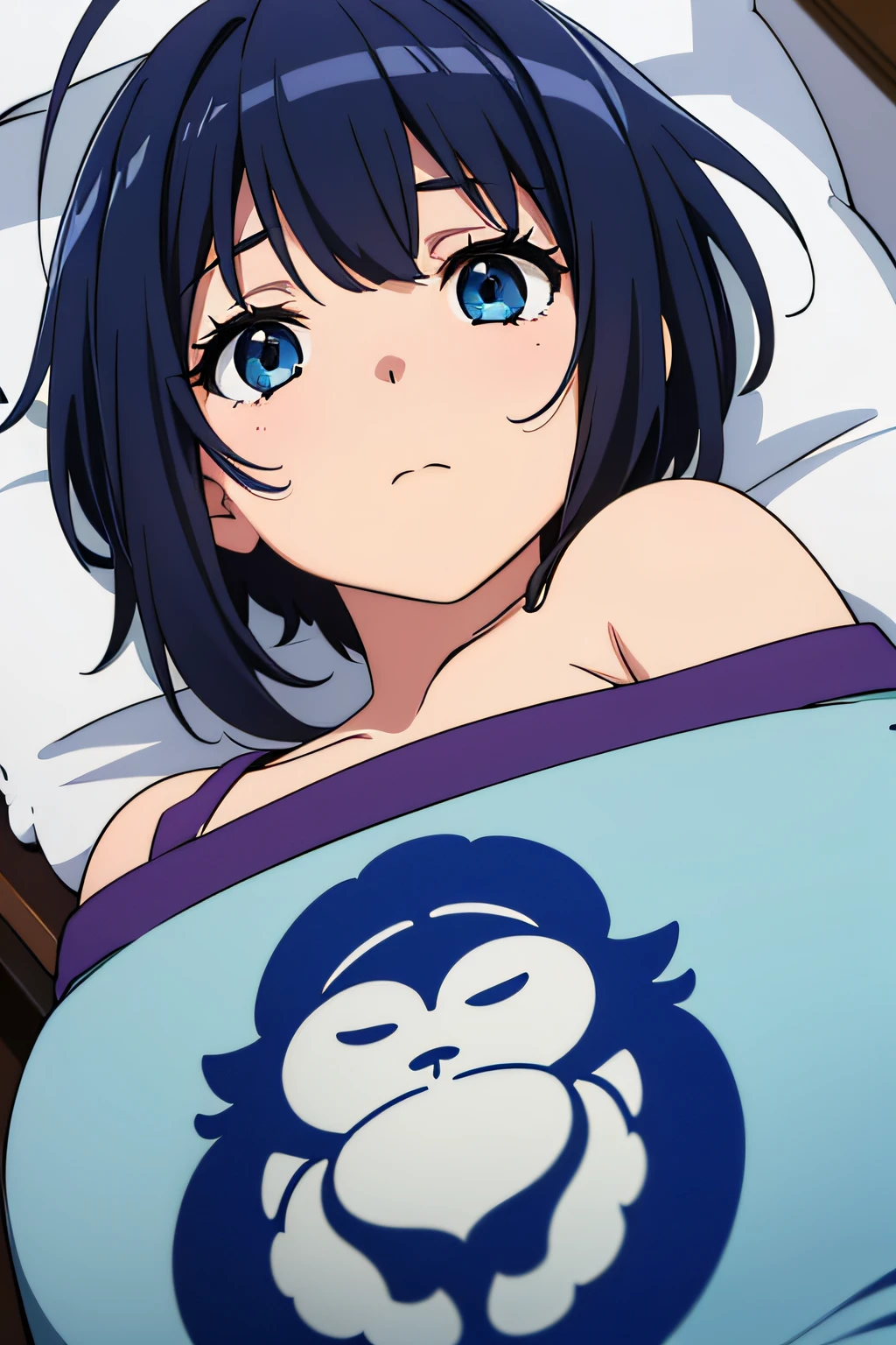 (1girl in),(beautiful eyes finely detailed, Face to detail, blue hair, hime-cut), medical suit, lying down her back in bed, and shy facial expression, looking at viewers, camera angle from front, full body, masterpiece sidelighting, masterpiece, top-quality, detailed, High resolution illustration