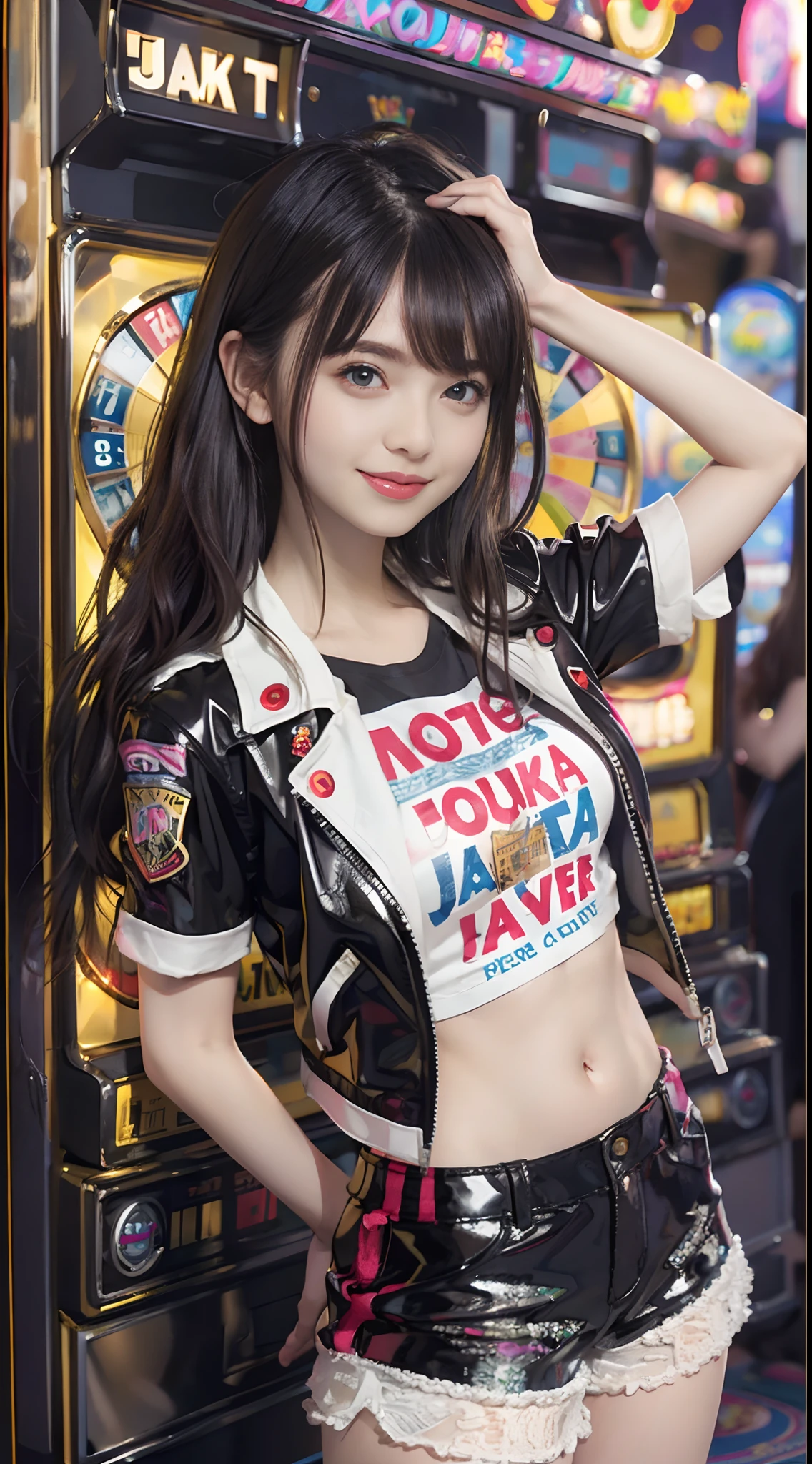 8k, Best Quality, (Beauty), High Definition, Realistic, Real Person, Jackpot at Slot Machine, Guts Pose, Smiling, Screaming, One Young Pretty Girl, Glossy Enamel Shorts, T-shirt Short Enough to Make Your Stomach, Short Leather Jacket, (Wearing a lot of fancy accessories))