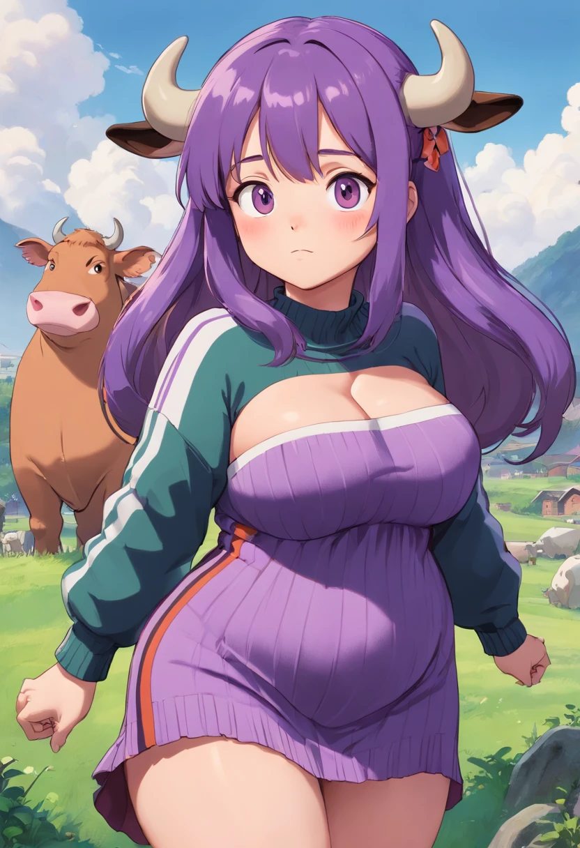 anthropomorphic cow, Chubby, really big boobs ,brown skin, purple hair, sweater dress with black and purple vertical stripes , hair covering left eye, standing froward