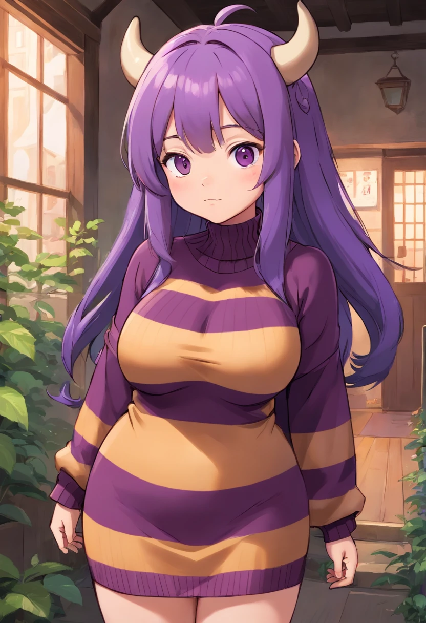 Chubby, cow girl, anthro, really big boobs ,brown skin, purple hair, sweater dress with black and purple vertical stripes , hair covering left eye, standing froward