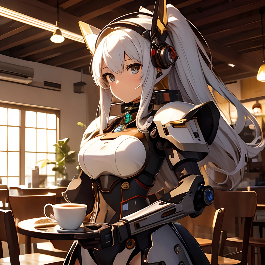 masterpiece, best quality, extremely detailed, anime, , mecha musume, coffee, ahoge, mecha girl, cafe, happy,Fuel is coffee.Coffee is fuel, mecha girl,mecha musume, steampunk,mecha body