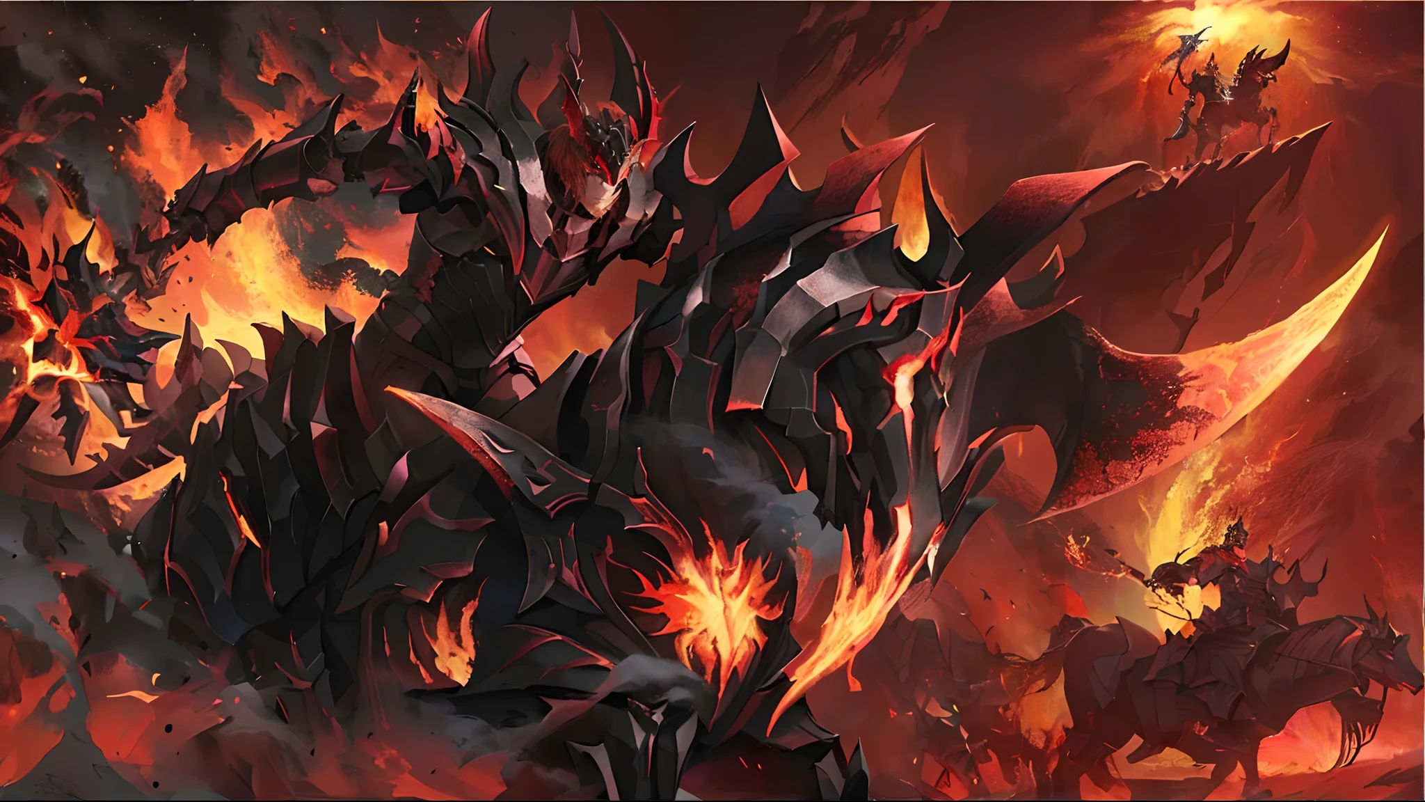 （（（tmasterpiece）））， （（best qualtiy））， （super detailing）， （CG illustration），(A girl riding a flaming horse) [Flames, Heavy armor, steed, ruler of inferno, Flame summons armor, lord of cinder, Raging hell and destruction, Blazing reflections on armor, Dota 2 concept art]A close-up of a Chaos Knight with a background of fire,Skeleton War Horse，Flame ruler of hell, flame conjuring armored, deathwing, lord of cinder, wrath flame and ruin, black fire color reflected armor, Dota 2 concept art, fire demon, demonic dragon inspired armor, alduin, league of legends wallpapers, League of Legends concept art