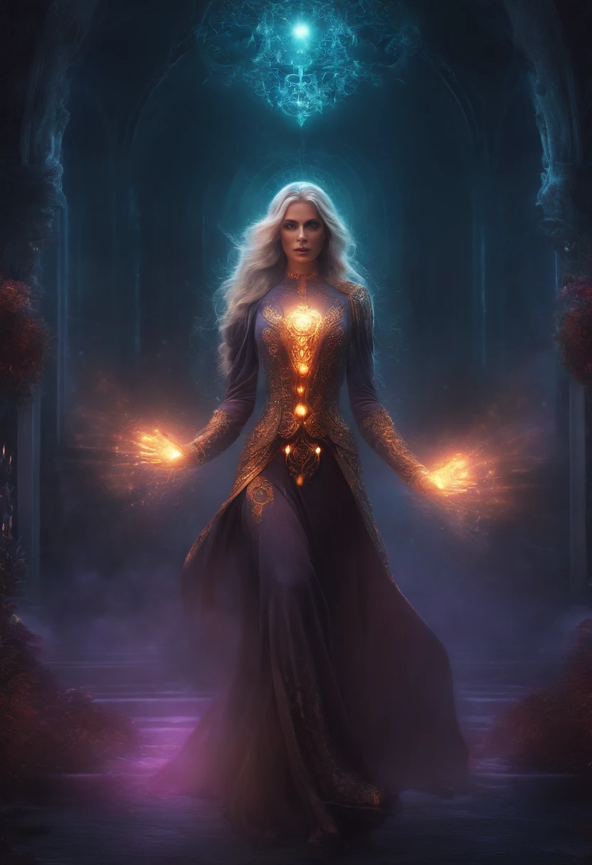 Hot mom, glowing light eyes, Biomechanical, eerie, Creepy, nightmarish, Very bright colors, Light particles, with light glowing, Mshiff, wallpaper art, UHD wallpaper