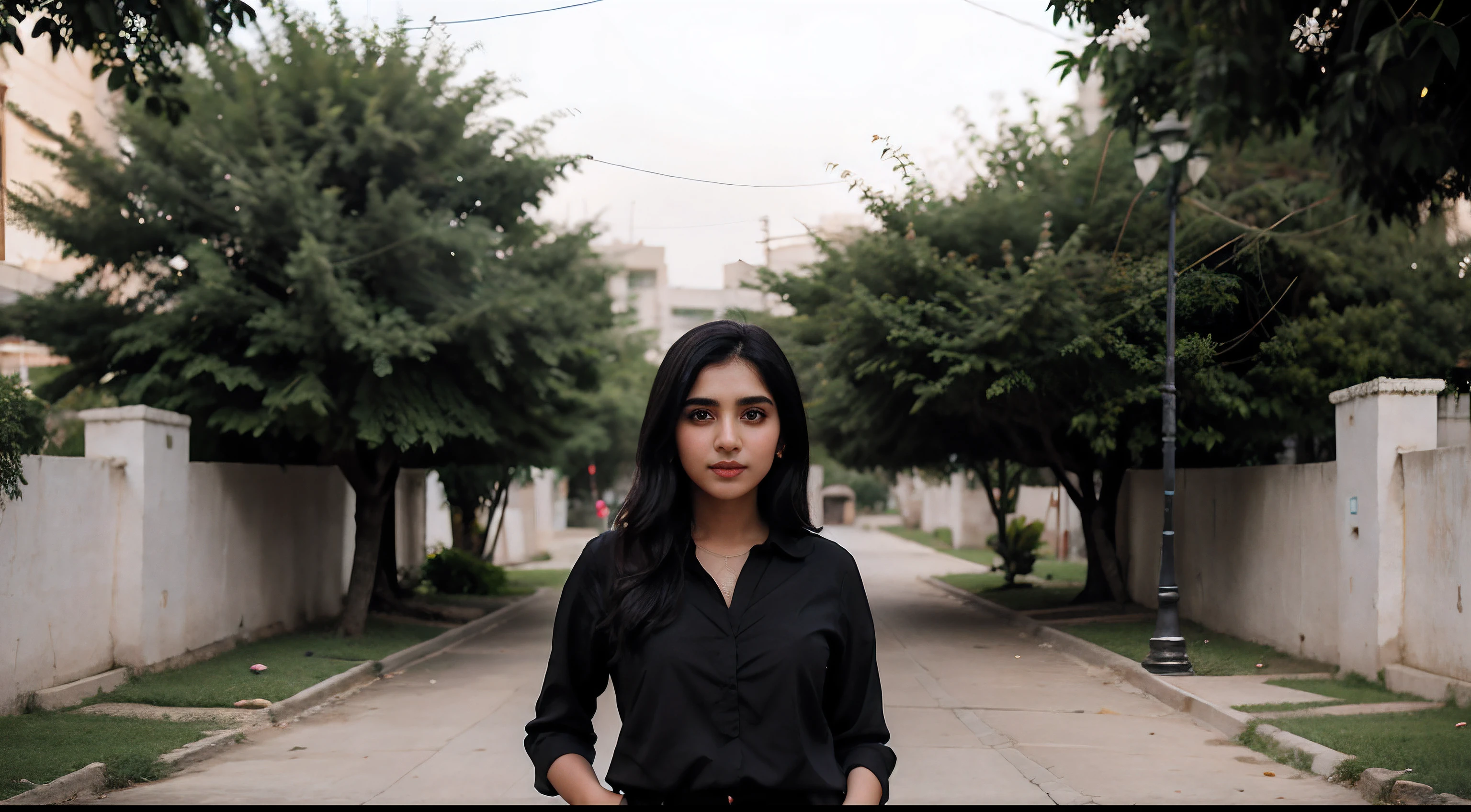 Full body portrait of 1 young 20yo Pakistani woman, black hair, wearing wonderful shirt, perfect eyes, perfect lips, perfect nose, professional color graded, wonderful woman, dark background, cute Pakistani woman