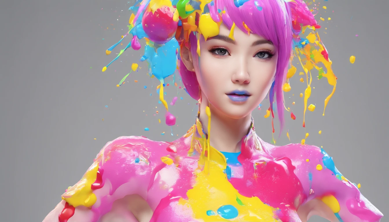 (Masterpiece, Best Quality, High Resolution), White Background, ((Paint Splash, Color Splash, Splash of Ink, Color Splash)), Sweet Chinese Girl, Rainbow Hair, Pink Lips, Front, Upper Body